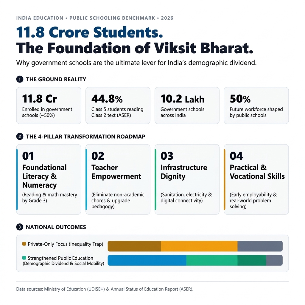 virandersirohi's tweet photo. India’s demographic dividend will not be decided in air-conditioned tech hubs or elite private universities.

It will be decided in our rural and municipal government classrooms.

Here is the hard reality:
Over 11.8 crore students—nearly 50% of India’s entire school-going population—rely on government schools.

Yet according to national ASER findings, only 44.8% of Class 5 students in rural government schools can read a simple Class 2-level text. More than half our children reach age 10 without mastering the foundational basics of reading.

We cannot build a developed $10 Trillion economy if half our future workforce enters the market without foundational skills.

Private schooling cannot be our default national strategy. When quality learning is accessible only to those who can pay high tuition, education ceases to be an equalizer and becomes an engine of permanent inequality.

So, how do we fundamentally transform Indian schooling?

1. Relentless Focus on Foundational Literacy & Numeracy (FLN)
Rote memorization and board exam cramming start far too early. We need an uncompromising focus on the first 5 years of school (as targeted by NIPUN Bharat). If a child cannot read with comprehension and do basic math by Grade 3, every subsequent grade is an uphill struggle.

2. Free and Empower Our Teachers
Government teachers are among the most educated professionals in rural communities, yet their teaching hours are consistently eroded by non-academic clerical duties and surveys. We must insulate teachers from administrative chores, invest in continuous training, and reward classroom learning outcomes.

3. Basic Dignity in School Infrastructure
You cannot prepare kids for a digital future without working electricity, clean drinking water, and functional separate toilets for girls. Upgrades must reach every village school, not just flagship model campuses.

4. Integrate Real-World & Vocational Skills Early
Degrees without employability create anxiety. Practical hands-on skills, financial literacy, and digital exposure must start in middle school.

Public education is not charity—it is our highest-ROI national capital investment.

Fix our government schools, and India’s future will take care of itself.