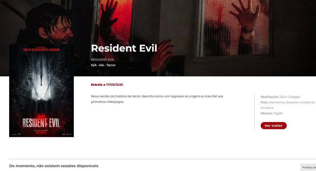 realmofevilpt's tweet photo. Ainda sem sessões marcadas, o novo filme de Resident Evil, realizado por Zach Cregger, já consta nos sites das principais redes de cinemas de Portugal. Resta saber se alguma delas oferecerá menus temáticos 👀
#REBHFun https://t.co/5Y23yyCSCx
