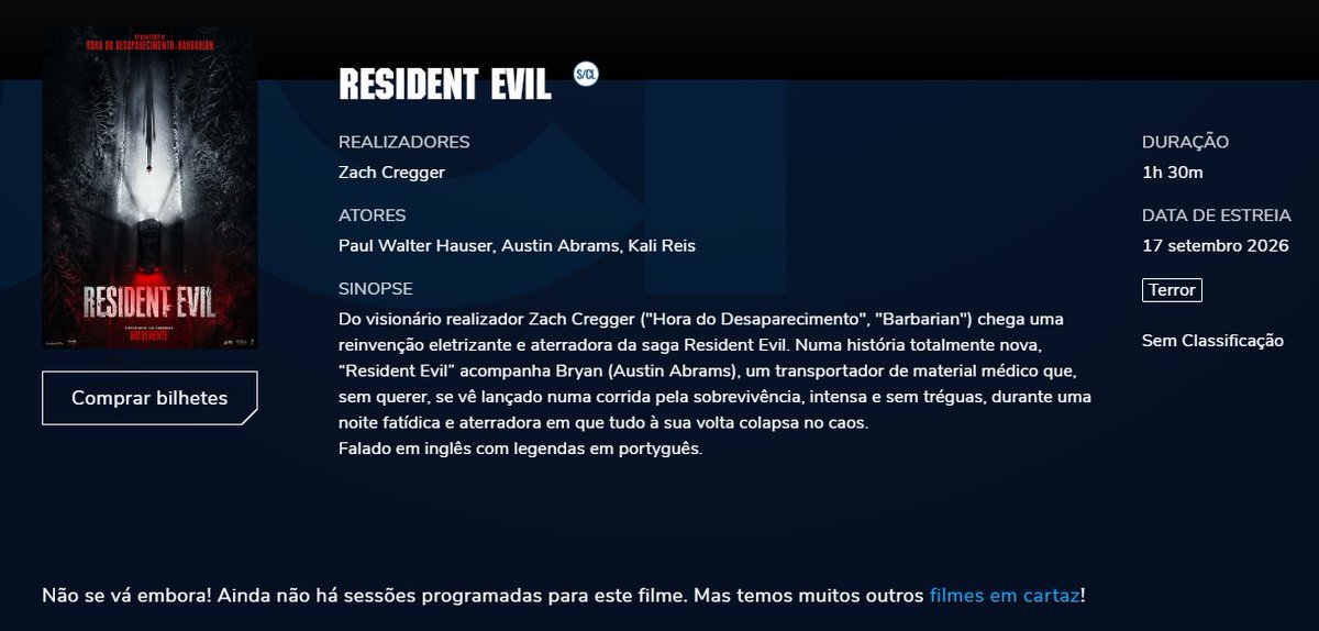 realmofevilpt's tweet photo. Ainda sem sessões marcadas, o novo filme de Resident Evil, realizado por Zach Cregger, já consta nos sites das principais redes de cinemas de Portugal. Resta saber se alguma delas oferecerá menus temáticos 👀
#REBHFun https://t.co/5Y23yyCSCx