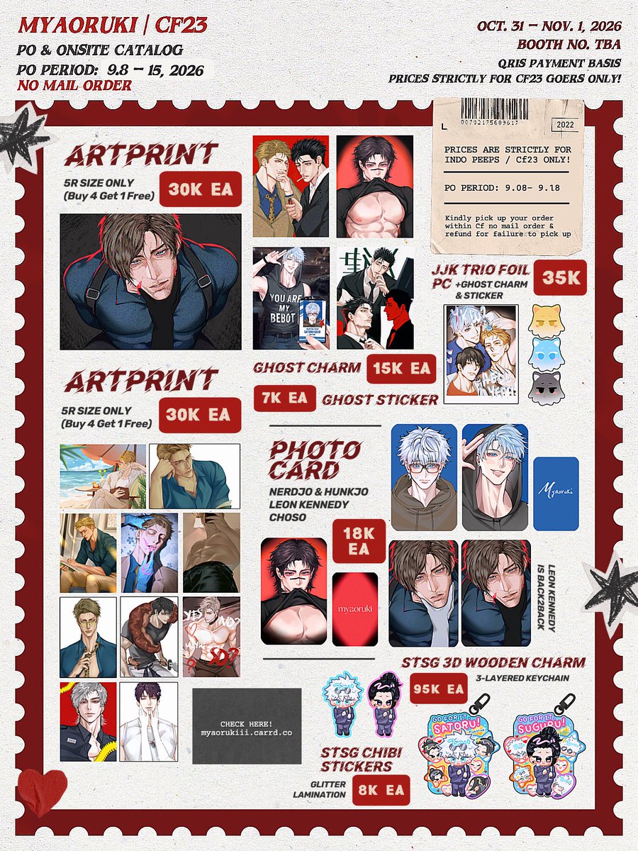 MyaoRuki's tweet photo. [RTs♥️]

My #Cf23 #cf23catalogue is here! 🥳

📆 9.8 – 15, 2026
⏰ PO only! No mail order :>
🏘️ jjk, lads, krtsk (hq!!), stsg (jjk) tshd, mp100, hxh, dunmeshi (soon)

🔗 in my carrrdddd!!! https://t.co/iUdaDaDyq3