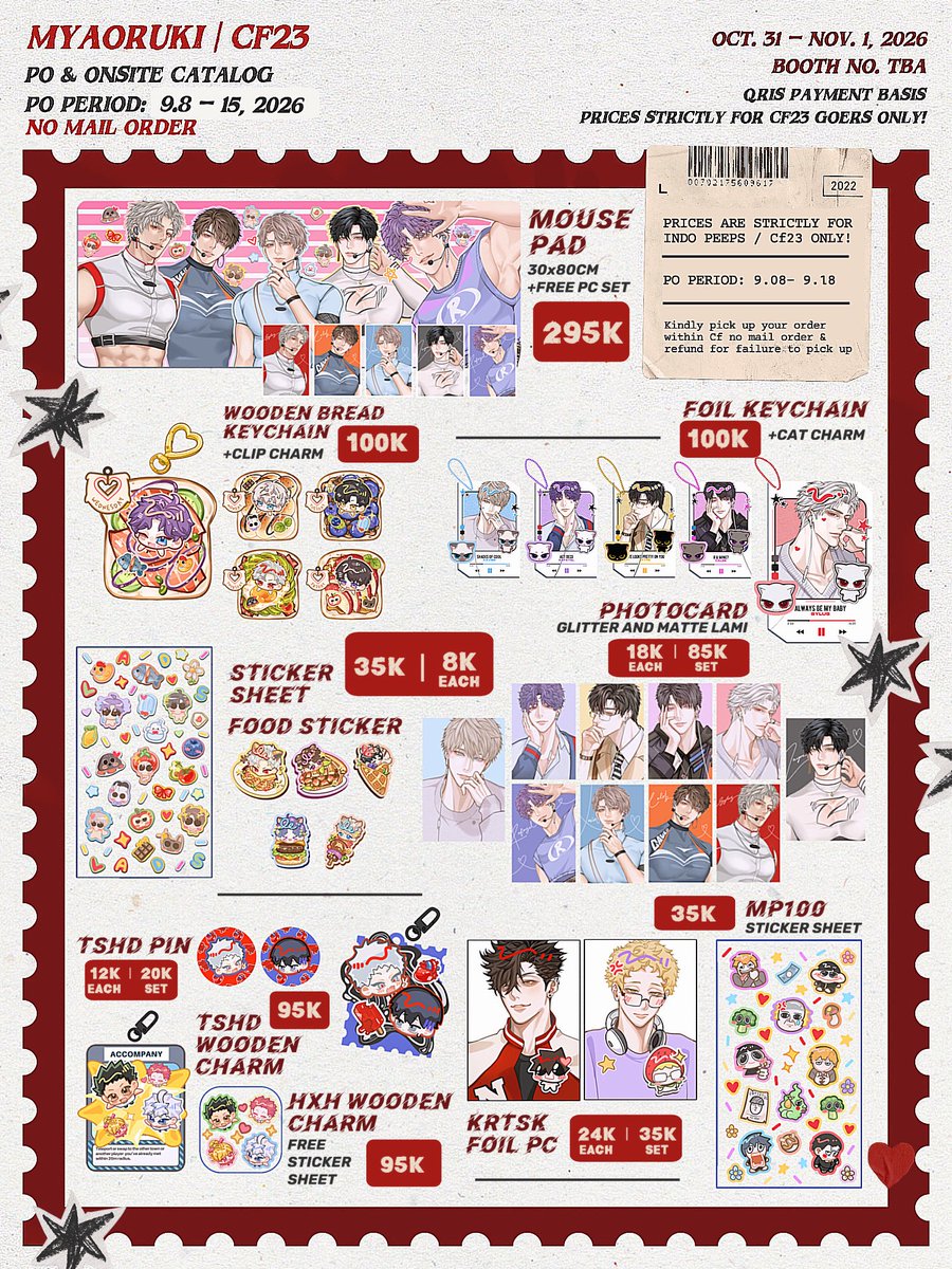 MyaoRuki's tweet photo. [RTs♥️]

My #Cf23 #cf23catalogue is here! 🥳

📆 9.8 – 15, 2026
⏰ PO only! No mail order :>
🏘️ jjk, lads, krtsk (hq!!), stsg (jjk) tshd, mp100, hxh, dunmeshi (soon)

🔗 in my carrrdddd!!! https://t.co/iUdaDaDyq3