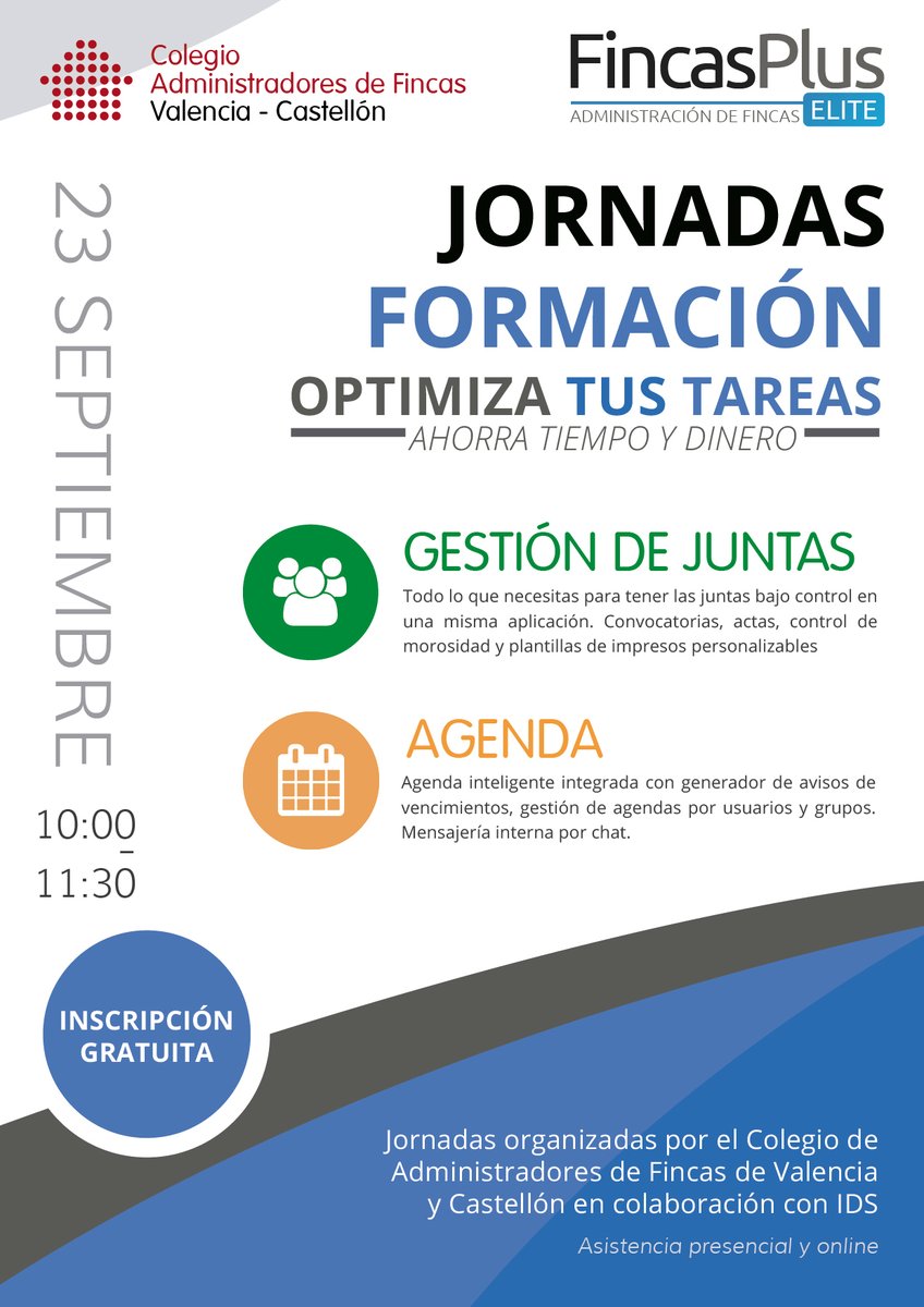 idsplus's tweet photo. Formación Optimiza Tus Tareas
📅Miércoles 23 Septiembre
🕙10:00h
📍Presencial (Sede del Colegio de Administradores de Fincas de Valencia, Plaza Crespins 3) y Online vía ZOOM
Inscripción gratuita: https://t.co/A2Up6MIwbW
#AFColegiados #AAFF #FincasPlusElite #IDS
@CAFValencia https://t.co/EVnGQUhq1B