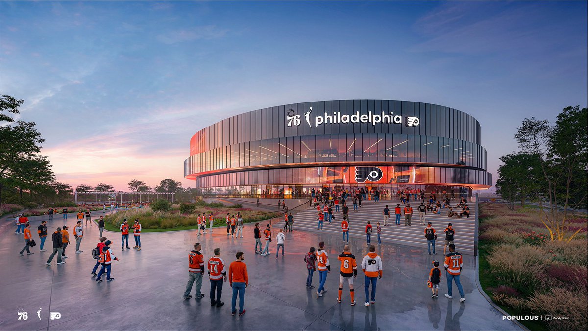ShamsCharania's tweet photo. The NBA's Philadelphia 76ers and NHL's Philadelphia Flyers have released the first images of their new South Philly arena scheduled to open in 2030 on the grounds of old Spectrum. https://t.co/2ZeRG0I06A