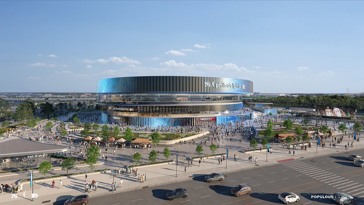 ShamsCharania's tweet photo. The NBA's Philadelphia 76ers and NHL's Philadelphia Flyers have released the first images of their new South Philly arena scheduled to open in 2030 on the grounds of old Spectrum. https://t.co/2ZeRG0I06A