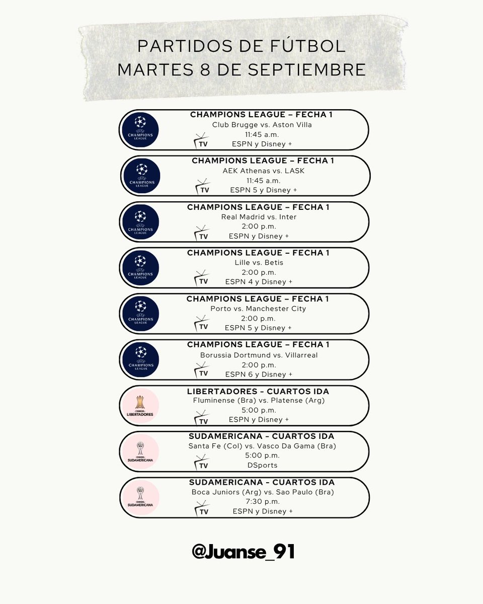 juanse_91's tweet photo. #FelizMartes 

¡Vuelve la #UCL !

Abre #Brugge 🇧🇪 🆚 #AstonVilla 🏴󠁧󠁢󠁥󠁮󠁧󠁿

Imperdible #RealMadridInter 🇪🇸🇮🇹

Promete #FCPMC 🇵🇹🏴󠁧󠁢󠁥󠁮󠁧󠁿

Tremendo #Fluminense 🇧🇷 🆚 #Platense 🇦🇷 en #Libertadores 🏆

#SantaFe 🦁 🆚 #VascoDaGama 🇧🇷 en partidazo. 

Cierra #Boca 🇦🇷 🆚 #SaoPaulo 🇧🇷 https://t.co/pA3PH60bjn