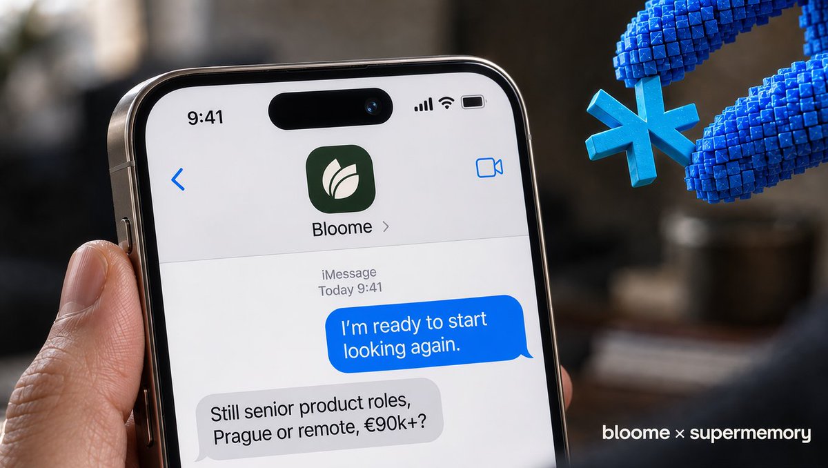 dean_shabi's tweet photo. Introducing @supermemory x @bloome_ai 🧠

Your job hunt agent can find roles, apply for you, and follow every email, interview, rejection, and next step. 

With Supermemory, it also remembers your goals, experience, preferences, and feedback.

try it now https://t.co/zIJgUTEiCo https://t.co/XccI8dXeJE
