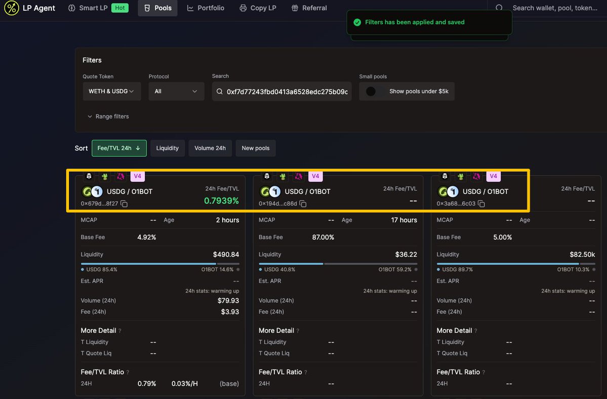 Rocky_Bitcoin's tweet photo. 🧵 我上个月开始用 1万 USDG 在 Robinhood Chain 做 LP，一个月赚了2万美金，后面我逐渐加大仓位，目前每天稳定收租，我讲讲其中的完整教程和思考，以及踩过的坑。（不是喊单，不是广告，个人最真实的工作流）

1️⃣📌 先说清楚：LP 不是把钱扔进去躺赚

很多人看到"年化 5000%+ APR"就两眼放光，直接梭哈。我第一个星期就交了不少学费，LP赚的钱不够无常损失亏的！

LP 赚的钱 = 手续费收入 - 无常损失 - Gas 费 - 选错范围的代价

如果一个 meme 币直接跌 90%，任何 APR 都救不了你。理解这个，才能继续往下看！

2️⃣📊 基础概念：你必须先搞懂这三个东西

① 什么是 LP 流动性提供者？
简单说：您把两种代币（比如 USDG+ 某 meme 币）存进一个池子，帮别人提高交易深度。每次有人在这个池子买卖，您分一笔手续费。

您不是在"买币"，您是在当"做市商"身份。

② 池子有什么不同？

1% +池：手续费高，适合波动大的新币，但流动性也更分散
0.3% 池：中等，主流配对常见
0.05% 池：超低费，适合稳定币对

Robinhood Chain 上的 meme 币，主战场基本在 1% 池，这里手续费最肥，但风险也最高。

③ 什么是 Bid Ask / Spot / Curve 策略？

这三种是流动性的"形状"：

Spot：把流动性集中在当前价格附近，像一个峰值
Bid Ask：把流动性分布在当前价格两侧，像一个 U 型，适合横盘震荡
Curve：平滑曲线分布，更保守，适合有一定把握的行情

我在新 meme 币爆发初期，基本只用 Spot + 多段范围叠加的方式部署。

3️⃣💡 我的发现流程：比别人早 10 分钟就够了

我用 #GMGN 监控新出来的 Robinhood 代币。

我盯的指标不是交易量本身，是：「交易量与活跃流动性的比值」

一个只有 $50k 流动性，但 5 分钟内跑出 $200k 交易量的池子，这种才是机会窗口。而 @gmgnai 有这个热度监控逻辑，如👇图1。

一旦发现这样的池子，我立刻转去做下面👇四件事：

· 去 @fomo 上看链上数据：持有者分布、大户在不在积累、有没有狙击钱包在砸。
· 去 X 上搜叙事：有没有真实 KOL 在自然讨论，还是纯机器人刷量。有没有网站，它主要做什么业务的，跟RWA叙事是否有融合，关注的KOL有哪些等等。
· 去 @BarkerMoneyX 上搜索它的LP数据情况：30分钟的手续费，资金效率等，您也可以一键配置，它上面有“暴跌保护”和“自动重挂”功能，也挺好用(如👇图2)。
· 去 @lpagent_io 看一下，聪明的LP，他们的策略，为自己组建策略，提供帮助，也可以一键跟单组LP，懒人福利(如👇图3)。

如果持有者高度集中在 3-5 个钱包，或者 X 上没有一个真实账号在说这个币，我会直接跳过，不管 APR 多高。

4️⃣ 🛠 执行：我怎么开仓

我用的执行工具是 Uniswap，直接在官方页面添加提供流动性池子。

为什么不直接用第三方工具来组LP，首先是出于安全性考量，第二是我的LP策略，大多用Claude给我做配对方案，相对更灵活一些。

这里我把LP策略，对应meme 币生命周期的不同状态，拆成了三部分，分别是拉升阶段，横盘阶段，崩盘阶段。每个阶段我采用完全不同的配置思路和方案策略。

📌 先记住一个底层逻辑
做 LP 您要时刻问自己两件事：

① 价格接下来大概率往哪走？
② 我的流动性在价格经过的路径上吗？

因为只有当价格在你设的范围内穿梭时，你才能赚手续费。价格跑出你的范围，你就变成单边持仓，要么全是那个 meme 币（价格跌穿），要么全是 U或者ETH（价格涨穿）。

理解这个，下面三种打法你就秒懂。

🚀 状态一：拉升期（新币刚爆发，价格快速上涨）
特征：5 分钟交易量暴涨、价格阶梯式往上、X 上叙事刚起来、狙击钱包在获利。
这是手续费最肥的阶段，也是最容易吃亏的阶段。
我的打法：Bid Ask + 偏上方布局
为什么？因为价格在往上走，我要把更多流动性放在当前价格的上方，让价格拉升时不断穿过我的仓位、不断产生手续费。

具体布局（假设现价 $0.01）：

价格范围$0.010 - $0.013，40%仓位，主吃费区间。

价格范围$0.013 - $0.020，35%仓位，追涨区间，价格继续拉也能吃到。

价格范围$0.005 - $0.010，25%仓位，下方缓冲，万一急跌有接盘。

个人建议：拉升期一定要用窄范围、多段。范围越窄，同样的钱在单位价格区间的密度越高，手续费收得越猛。但这也意味着，价格一旦反转跌破，你会瞬间接一堆 meme 币在手上。所以拉升期我最看重的不是赚多少，是盯紧撤退信号（见最后一条提示🔔）。

⚖️ 状态二：横盘期（价格在一个区间来回震荡）

特征：价格上下反复但不破位、交易量维持中等、狙击盘走了、剩下的是真实交易者在互相买卖，一般这种meme币，大多已经发行了24小时以上，已经经历了PVP最严重的阶段，相对稳定。

这其实是最舒服、性价比最高的阶段。风险比拉升期小，但手续费还在持续进账。

我的打法：Spot 集中 + 窄区间
横盘意味着价格大概率在一个区间内反复，那我就把流动性高度集中在这个箱体区间，让每一次来回震荡都最大化收费。

具体布局（假设在 $0.009 - $0.012 之间震荡）：
价格范围$0.0095 - $0.0115，70%仓位，集中在震荡核心区，密度拉满。

价格范围$0.009 - $0.0095，15%仓位，下沿防守。

价格范围$0.0115 - $0.012，15%仓位，上沿防守。

为什么横盘期用 Spot 集中？因为你已经知道价格大概率不会跑远，那就没必要把流动性摊得太开。集中 = 密度高 = 同样的震荡收更多费。

横盘期我经常能拿住一个仓位好几天，靠反复震荡稳定收费，这才是真正接近"被动收入"的状态。

💀 状态三：崩盘期（叙事结束，价格单边下跌）

特征：5 分钟交易量断崖式萎缩、持有者开始集体撤退、X 上没人再提、价格阶梯式往下。这是新手亏光本金的地方。很多人此时还盯着仪表板上那个虚高的 APR 不肯走。

我的打法：不做 LP，撤。崩盘期做 LP 是纯送死，因为：

交易量没了 → 手续费几乎为零
价格单边跌 → 你的流动性会全部转化成那个正在归零的 meme 币

这时候唯一正确的动作是：把仓位收回来。
如果你还想在崩盘中博一把（我一般不建议新手做），只有一种极端玩法：

Bid Ask + 全部布在下方 + 极宽范围，赌一个死猫跳的超跌反弹。但这是投机，不是 LP 策略，风险极高。

我的原则：叙事一旦结束，第一时间撤本金保命。留得青山在，下个 meme 币还有的打。

🔔 三种状态通用的撤退信号
不管在哪个阶段，我看到这几个信号会立刻警觉：

· 5 分钟交易量连续萎缩（最重要）
· 大户钱包开始净流出
· X 上讨论热度断崖
· 价格跌破我最下方的流动性范围

只要中两个，我就开始减仓；中三个，直接清仓走人。
记住，做 LP 赚的是"钱在流动时的摩擦费"。钱不流了，你待在池子里就只剩风险，没有收益。

📈 管理仓位：APR 是假的，资金流向才是真的

各个LP工具上仪表板显示的 APR 是个历史快照，不代表未来。

我真正盯的指标只有一个：5 分钟交易量还在不在。当一个池子的 5 分钟交易量开始萎缩，手续费就在快速消失。

这时候我有几个选项：

迁移到新的费率层：有时候资金会从 1% 池迁移到 0.3% 池，在迁移发生之前提前布局

直接撤出：如果叙事已经结束，没有新的催化剂，拿着手续费离场

我不看 "APR 还有多高"，我看 "钱还在不在往这个方向流"。

🔍 额外优势：研究其他优秀 LP 的仓位

这个说出来很多人没想到，但这是我盈利的重要来源之一。

我用 @lpagent_io 追踪优秀 LP 交易者的钱包。如👇图四。比如我早期找到了一些优秀钱包，我没有直接复制他的仓位，而是研究他的逻辑：

· 他在什么时间点进场？
· 他的范围是怎么设定的？
· 他什么时候会撤出？

您复制别人的仓位，最好的结果是跟他一样。但如果您理解了他的思维框架，你能做得比他更好，因为您能提前进、更精准退。

💰 资金管理：我为什么能活到现在

这部分超过 70% 决定你能不能赚钱，但大多数人完全忽视。

我的规则：

① 单个池子单次不超过总资金的 20%
再好看的机会，也不值得全押。meme 币能在 10 分钟涨 5 倍，也能在 10 分钟归零。

② 有了手续费收入就部分撤本
一旦手续费收回初始仓位的 30%-50%，我会撤出一部分本金。用"赚来的钱"继续玩，心态完全不同。

③ 看清楚自己在赌什么
做 LP 你赌的是：这个币在你持仓期间不会跌太多，且有足够交易量。不是赌它会涨，是赌它有摩擦成本可以收割。

🚀 总结：我的真实优势是什么。我没有什么神奇的 Alpha，没有内幕。

我的优势就三个字：快、准、跑。

快：比别人早发现有意义的交易量
准：用多段范围让资金在对的价格区间工作
跑：在资金流消失之前离场，不贪最后一口

今天简单看了一下，过去一个月，总共完成了 1281 笔交易，82.2% 胜率，都是不断实战中累积出来的。市场从来没有神话，只有努力勤奋的钻研。🧐