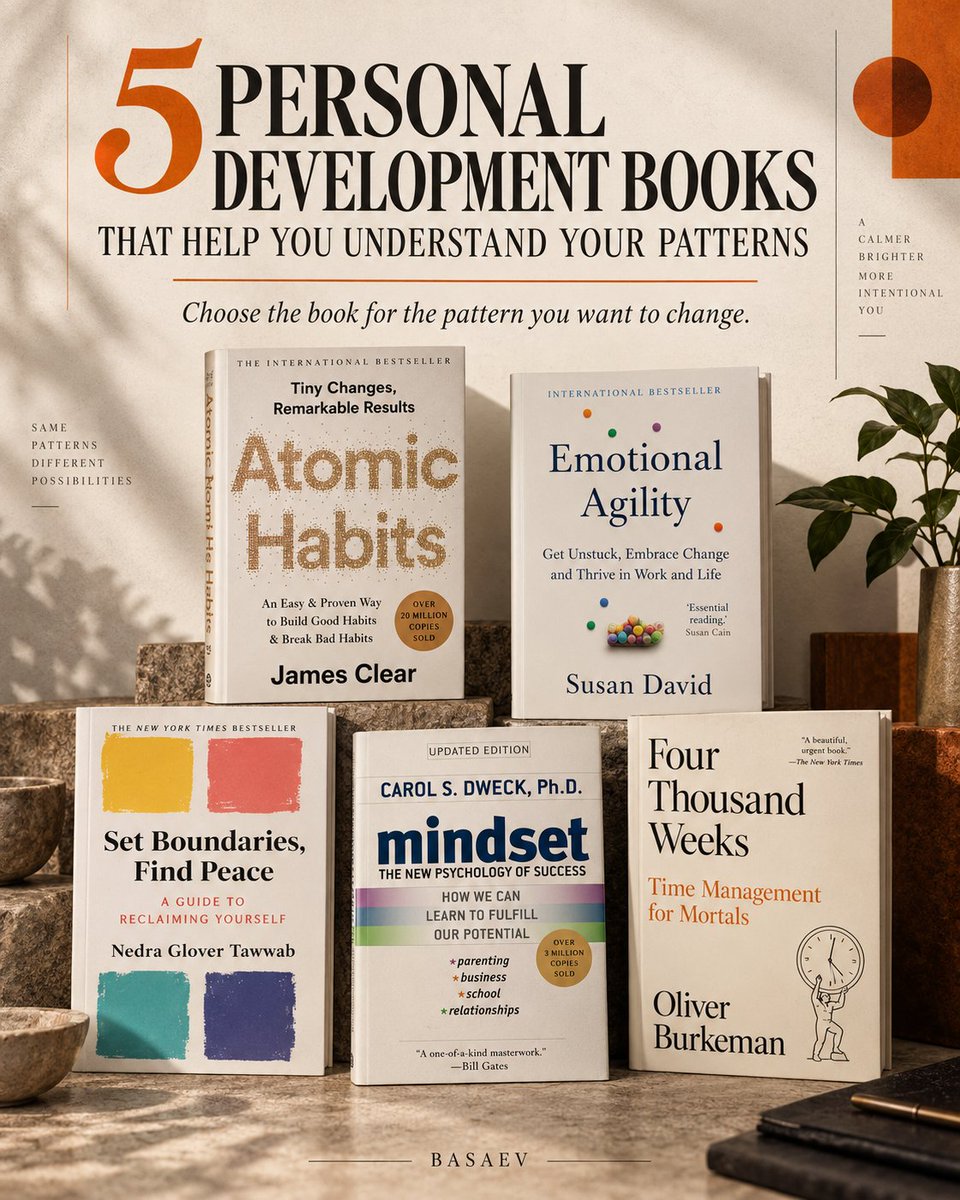 Basaev_ai's tweet photo. Which personal development book should you read?  Start with the pattern you want to understand: abandoning habits, people pleasing, avoiding discomfort, or feeling constantly behind.  

Here are 5 books, each offering a different place to begin. 🧵 https://t.co/h0pIofd3aN