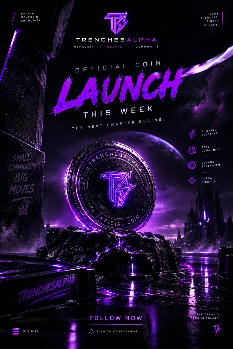 TrenchesAlpha5's tweet photo. The countdown isn’t just starting.
A new chapter is. ⚡️🟣For everyone who’s been watching TrenchesAlpha from the trenches —
you already know we don’t like making noise before the move 
Now, the wait is getting shorter.🟣 Official TrenchesAlpha Coin
⏳ Launching this week
⚡️ Built around the community
🌐 Powered by the Solana ecosystemThis is only the beginning.If you’re discovering @TrenchesAlpha today, you’re still early.Follow. Turn on notifications. Stay locked in.The official announcement is coming.
 Don’t be the one who hears about it after the drop. 👀#TrenchesAlpha #Solana #Memecoin #Crypto #SolanaMemecoins #MemecoinCommunity