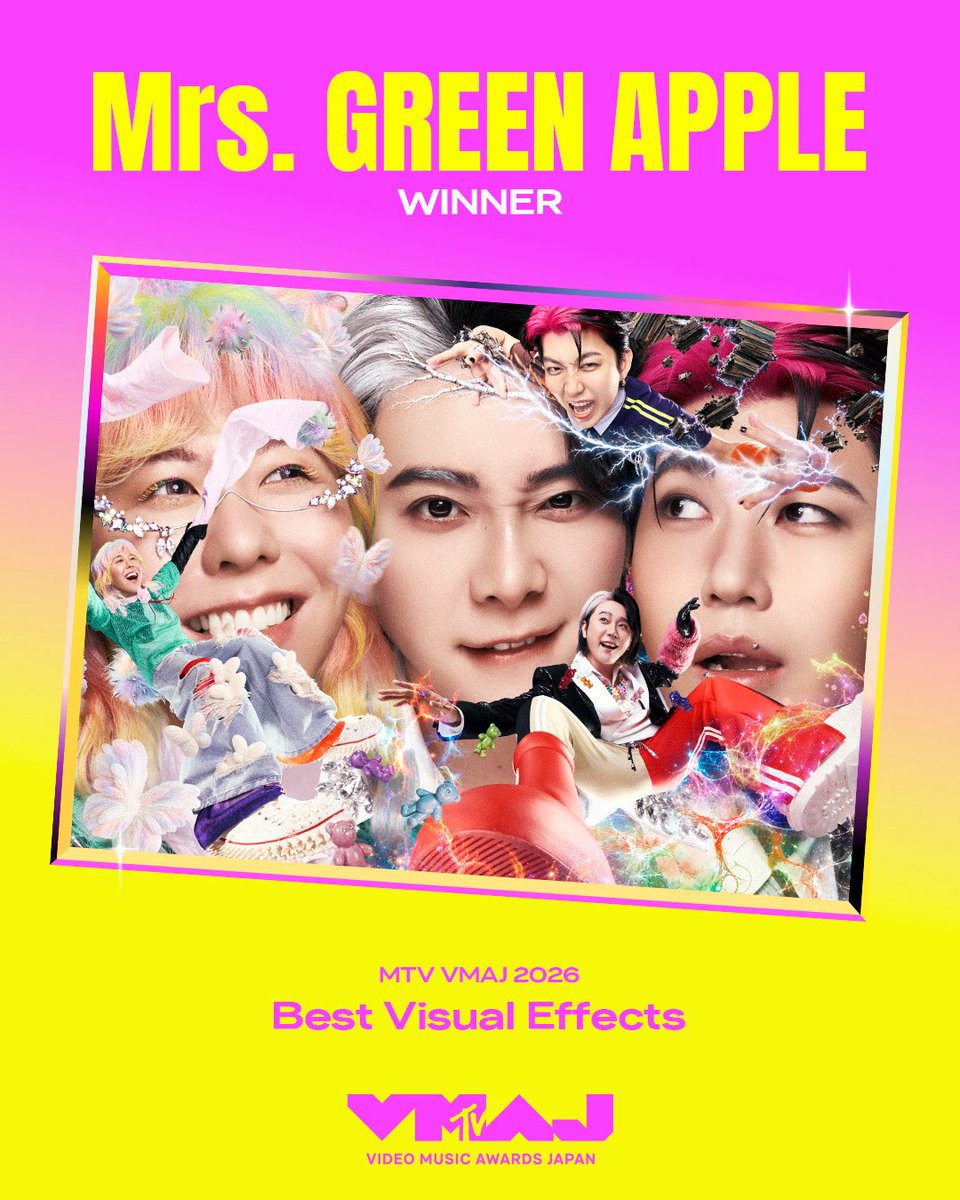 AORINGOHUZIN's tweet photo. 【「MTV VMAJ」3冠受賞🎊】
⁡
年間の優れたミュージックビデオを表彰する音楽アワード「MTV VMAJ 2026」にて
Mrs. GREEN APPLEのミュージックビデオが3冠を受賞しました🏆
ありがとうございます💐
⁡
⌛️『lulu.』
【Best Alternative Video(最優秀オルタナティブビデオ賞)】
⁡
🌙『クスシキ』
【Best Visual Effects(最優秀視覚効果賞)】
⁡
🆕『Brand New』
【Best Editing(最優秀編集賞)】
⁡
▼詳しくは「MTV VMAJ」オフィシャルサイトをチェック
https://t.co/0FSAfe8BXs
⁡
#MrsGREENAPPLE
#VMAJ2026