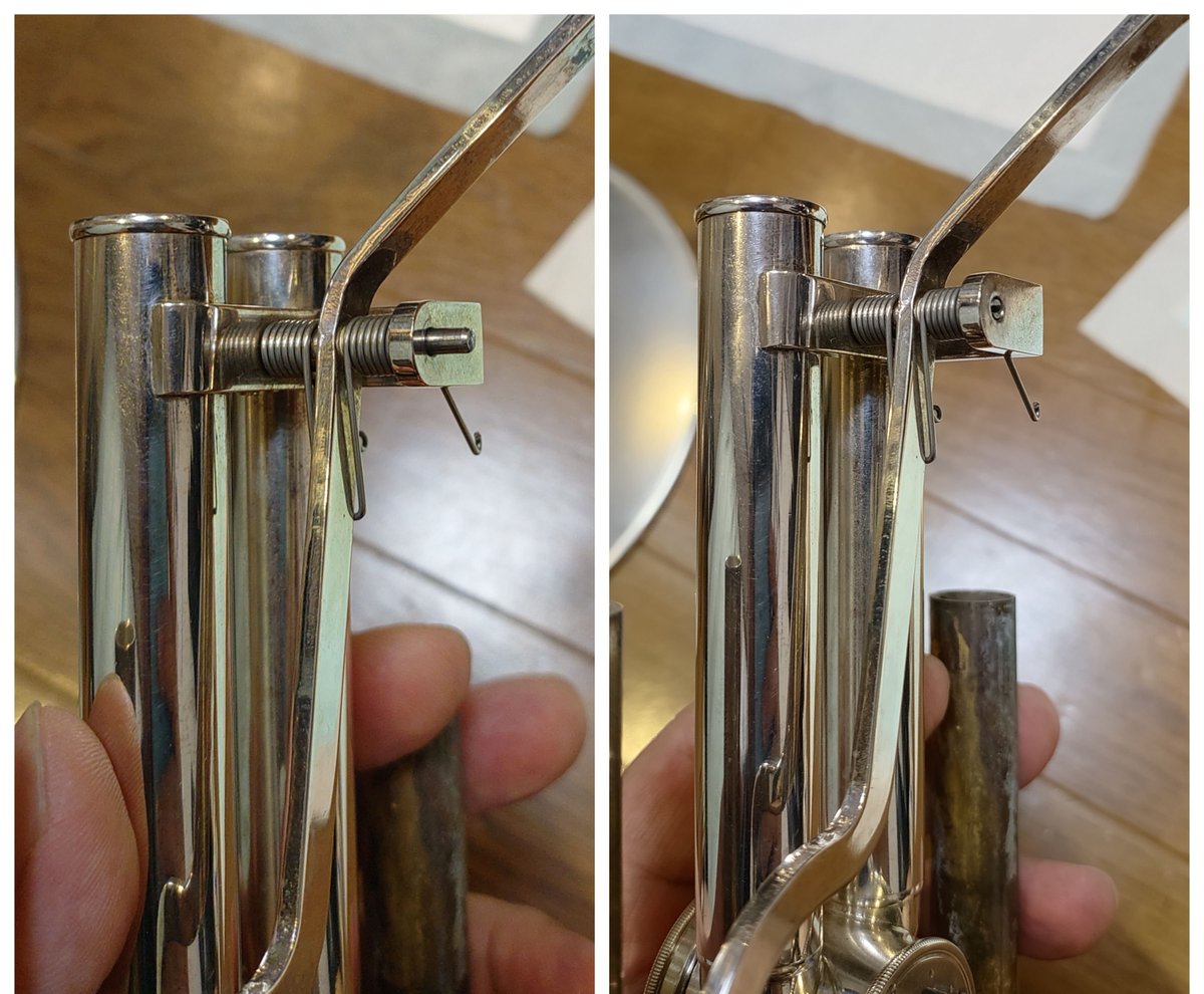 sakaeuph's tweet photo. 合わせでダブルベルユーフォの1番スライドが落下したので今日使った楽器全部のスライド掃除とグリスアップしてたらYEP321SSの第5ロータリー付き4番スライドのレバーの支点ネジが半分以上抜けかけとった。この頃なんかロータリー引っかかるなぁと思ってた所で演奏曲でも何度か使うのでヤバい所でしたわ https://t.co/OIbU1VHIhw