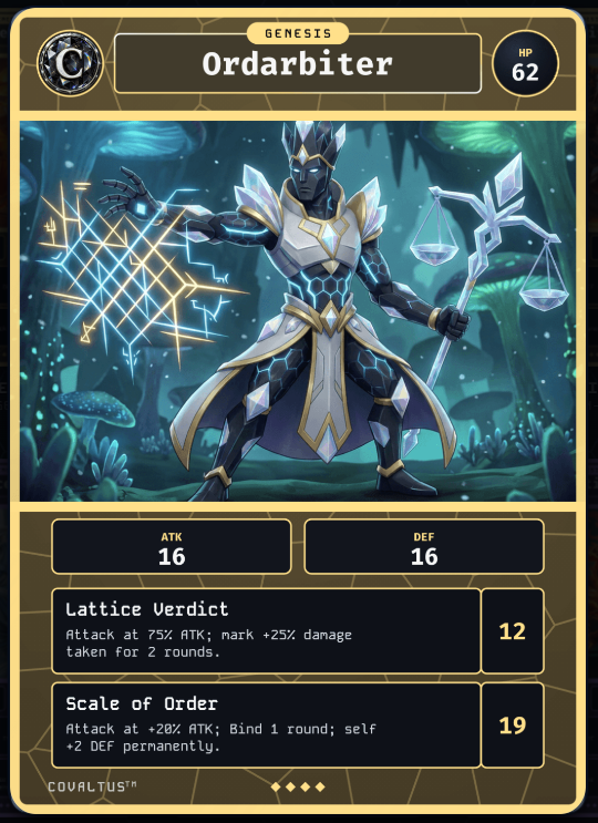 covaltus's tweet photo. One of our mythic characters Ordarbiter, card art and the foil effect as it appears on our site.

Genesis mint is coming soon on ApeChain.