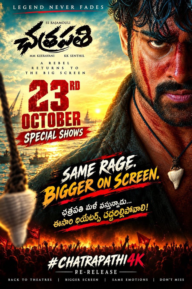 YaswanthK34's tweet photo. 🔥Chatrapathi 4K Re-Release - MASSIVE VIBES!🔥

🔥OCTOBER 23RD - SPECIAL SHOWS❤️‍🔥

SAME RAGE. BIGGER ON SCREEN.

ఛత్రపత ి మళ ్ ల ీ వస్తున్నాడు... ఈసార ి థియేటర ్ స ్ దద్దరిల్లిపోవాలి!🚨

Today 06:03PM

Stay Tuned: @Chatrapathi4K &amp; @KailashFilms

#Prabhas #Chatrapathi4K #RebelWood https://t.co/do1LkzRfMF