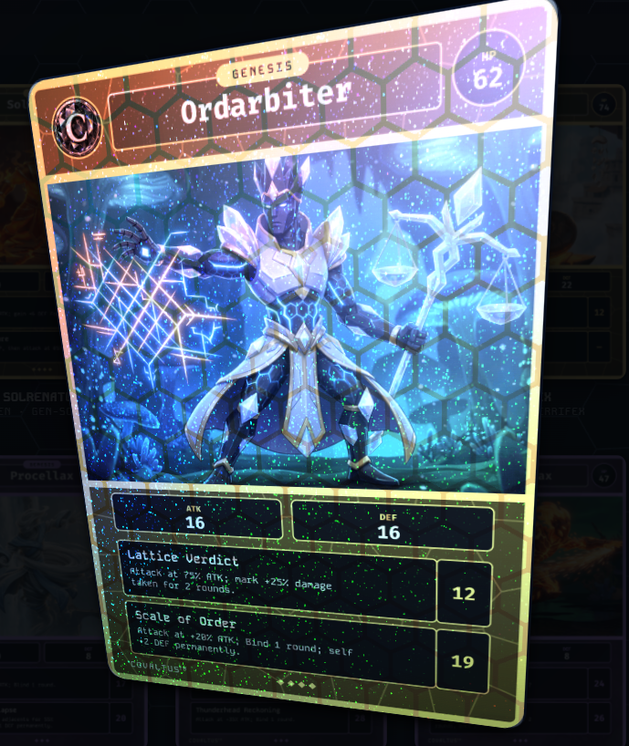 covaltus's tweet photo. One of our mythic characters Ordarbiter, card art and the foil effect as it appears on our site.

Genesis mint is coming soon on ApeChain.