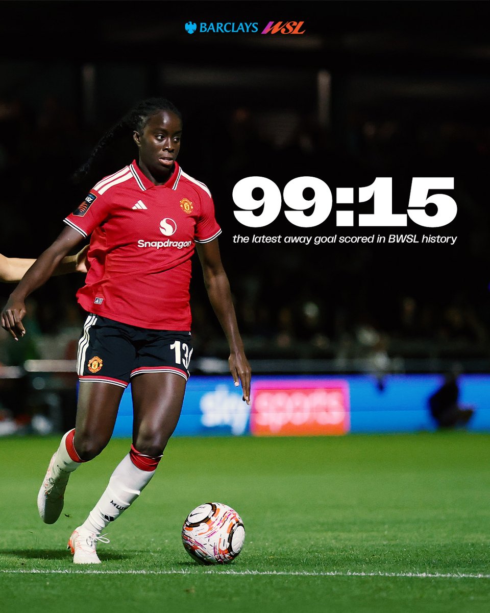 A sports graphic set against a pitch background featuring Manchester United midfielder Simi Awujo in a red and black kit, dribbling a football during a match. Large, bold white numbers read "99:15" above the italicized caption "the latest away goal scored in BWSL history." The official Barclays WSL logo is displayed prominently at the top center.