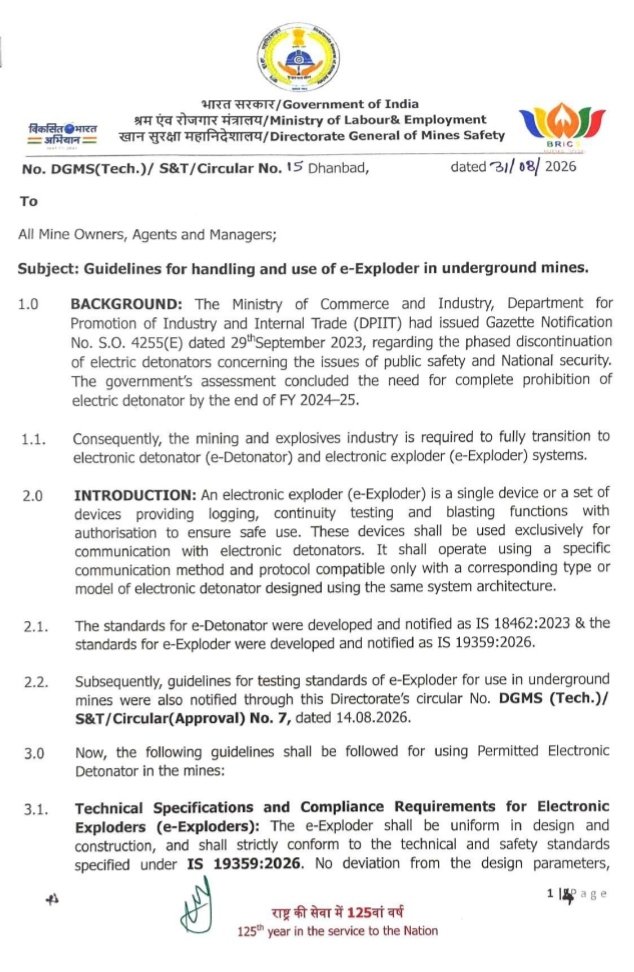 h_pongilath's tweet photo. Govt of India - Ministry of Labour & Employment - Directorate General of Mines Safety - DGMS (Tech.) - Circular 15 of 2026, Guidelines for handling and use of e-Exploder in underground mines (31st Aug' 2026)
#DGMS #Mines #Minessafety #eExploder #undergroundmines #edetonator https://t.co/vU6mtF3Byj