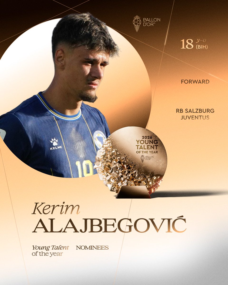 ballondor's tweet photo. Nominated for the 2026 Men's Young Talent of the Year ⬇️

Kerim Alajbegović
@RedBullSalzburg
@juventusfc
@NFSBiH

#ballondor https://t.co/kTIsj8wEQg