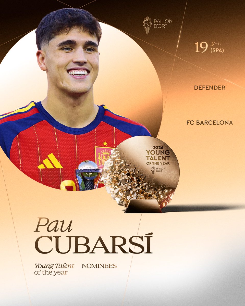 ballondor's tweet photo. Nominated for the 2026 Men's Young Talent of the Year ⬇️

Pau Cubarsí
@FCBarcelona
@SEFutbol

#ballondor https://t.co/Q1eItUjyWN