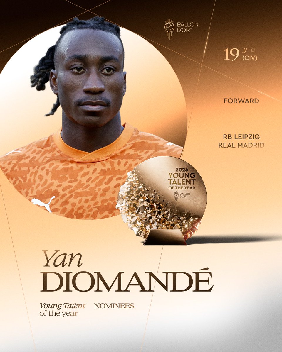 ballondor's tweet photo. Nominated for the 2026 Men's Young Talent of the Year ⬇️

Yan Diomandé
@RBLeipzig
@realmadrid
@equipenatciv

#ballondor https://t.co/eM0fNzrbgU