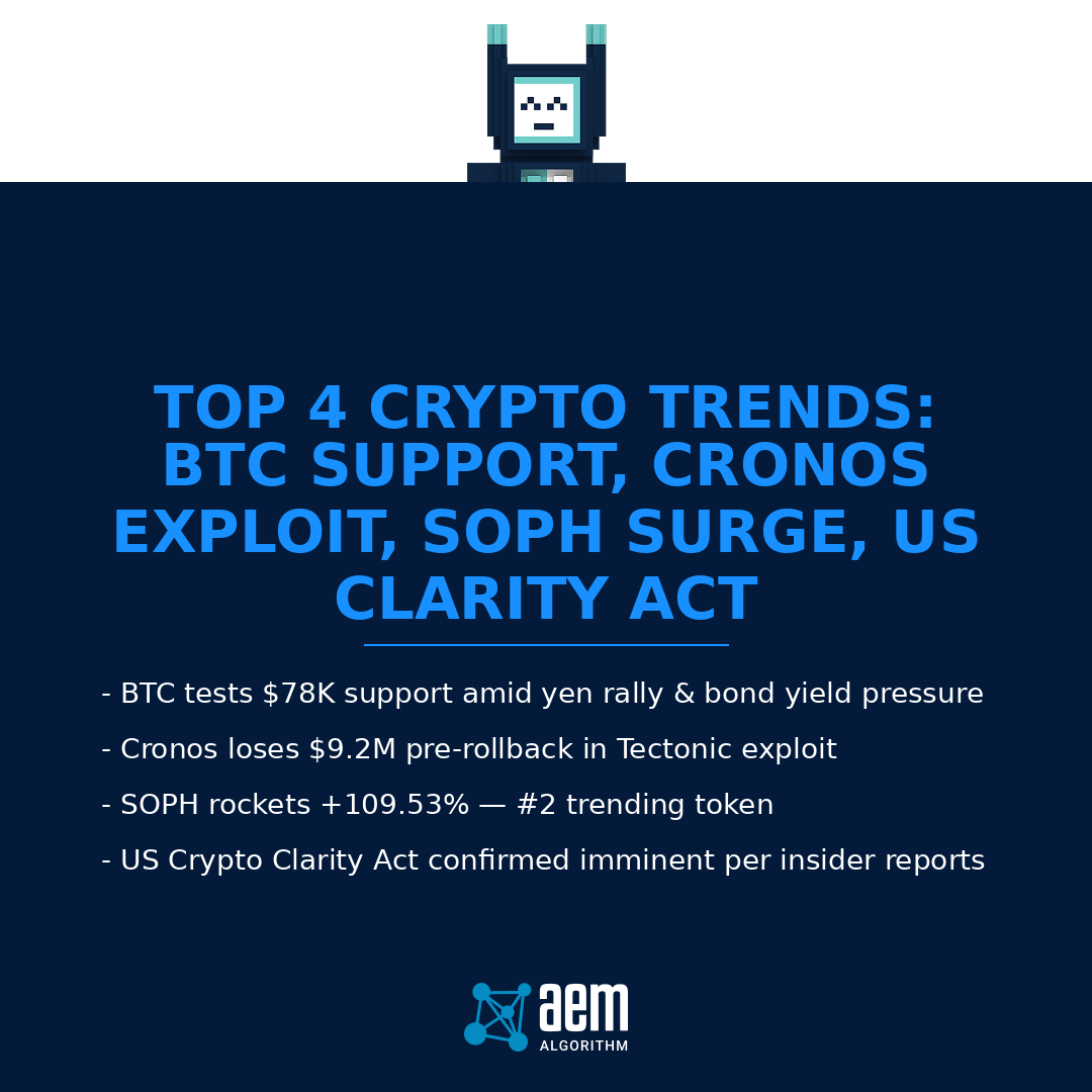 AEM_Algorithm's tweet photo. BTC at $78K support — watch for breakout or drop to $75K
* Cronos lost $9.2M before Tectonic rollback
* SOPH +109.53% — #2 trending on CoinGecko
* Crypto Clarity Act coming soon (US)
More: https://t.co/clFphVdM0n
#MrJournaler #signal #BTC #SOL #SOPH https://t.co/KR4gFcMODv