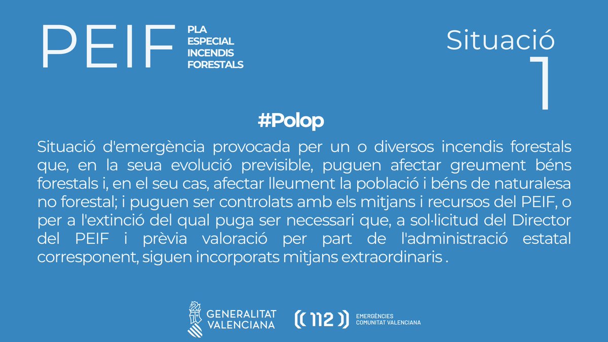 GVA112's tweet photo. 🔥Incendi de vegetació a #Polop
➡️El Centre de Coordinació d'Emergències de la @generalitat establix la situació 1 del Pla Especial d'Incendis Forestals de la Comunitat Valenciana https://t.co/BFLNriIgqT
