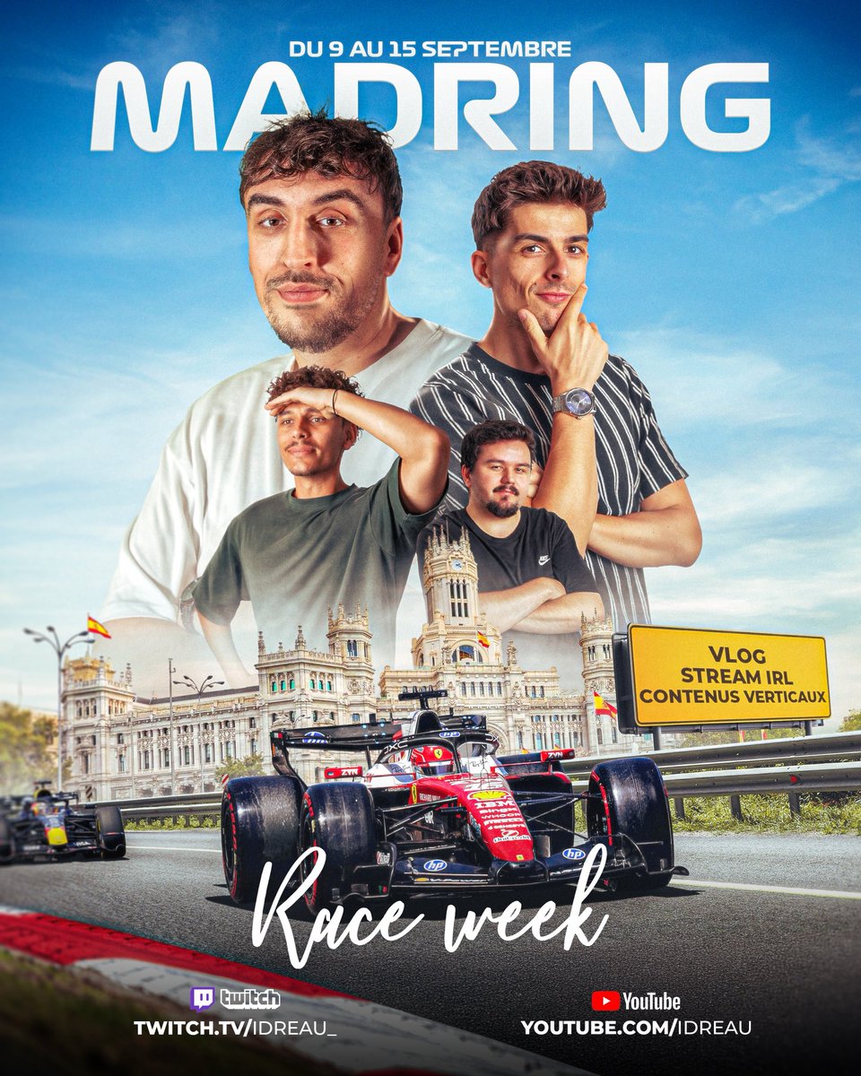 idreau_'s tweet photo. IT’S RACE WEEK 🇪🇸🏎️

A partir de mercredi on sera à Madrid pour le GP de ce week-end ! 

Au programme : VLOGs sur YouTube, Live IRL sur Twitch, et quelques petites surprises 👀 https://t.co/0ALNGib9cK