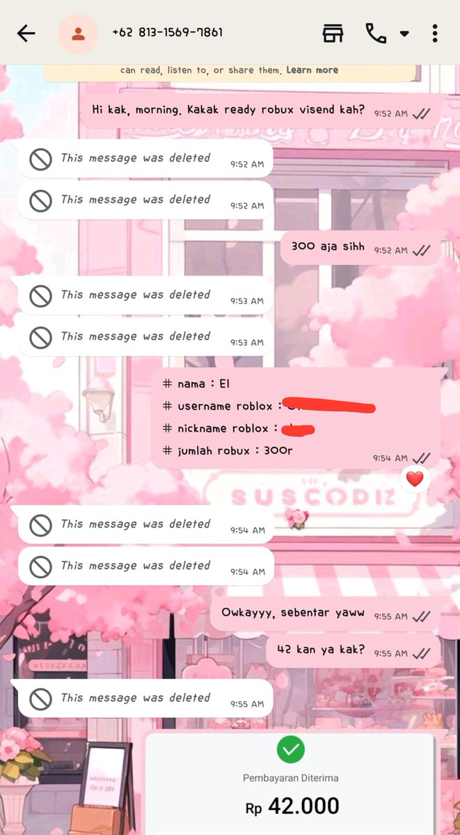 elyquettes's tweet photo. Menginfokan scam robux atas nama username + WA terlampir. Gatau dah itu akun dia yang entah keberapa-berapa.

Chatnya keburu dia hapus sepihak sebelum block. Hmz. https://t.co/ckV0otGZ9z
