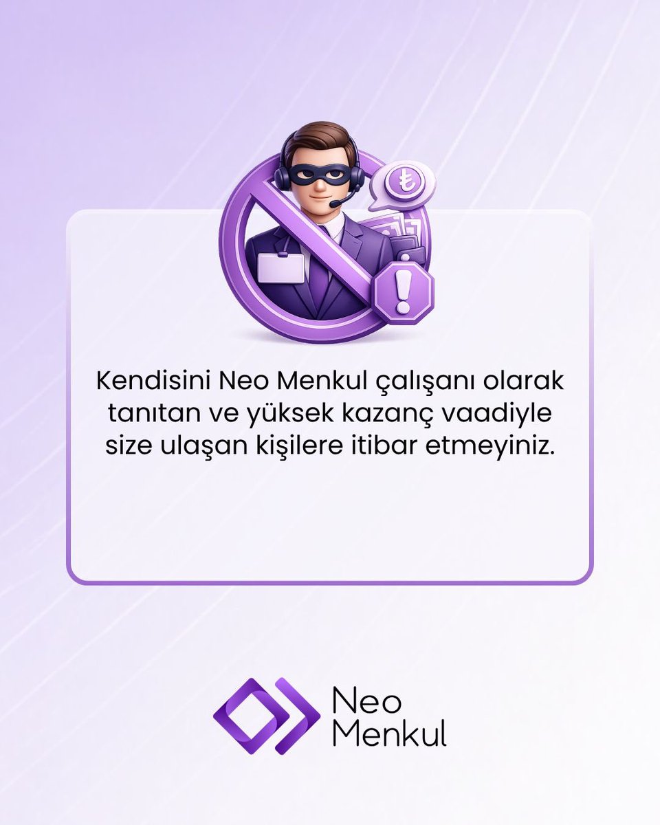 NeoMenkul's tweet photo. Yatırım işlemlerinizin güvenliği için;
Neo Menkul çalışanlarının telefon, WhatsApp, Telegram veya sosyal medya üzerinden yatırım yönlendirmesi yapmadığını, yatırım tavsiyesi vermediğini ve kişisel hesaplara para transferi talep etmediğini önemle hatırlatırız.
Kendisini Neo Menkul çalışanı olarak tanıtan ve yüksek kazanç vaadiyle iletişime geçen kişilere itibar etmemenizi; işlemlerinizi yalnızca Neo Menkul’ün resmî yatırım kanalları üzerinden gerçekleştirmenizi rica ederiz.
Yatırımcılarımızın güvenliği önceliğimizdir.