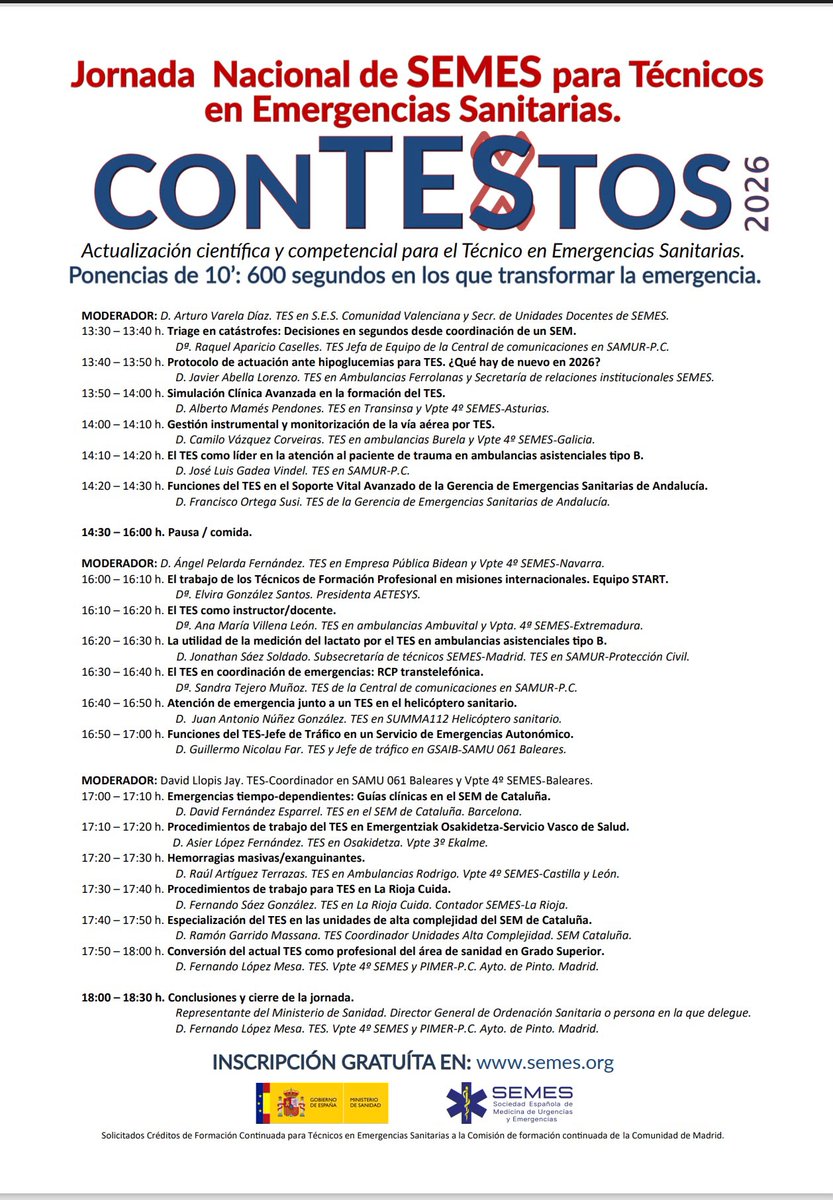 SEMESMadrid's tweet photo. 🚑 CONTESTOS 2026 | Jornada Nacional de SEMES para Técnicos en Emergencias Sanitarias
El próximo 26 de octubre, Madrid acoge una jornada íntegramente dedicada a la actualización científica y competencial del Técnico en Emergencias Sanitarias (TES). https://t.co/YXjC1S4I5V