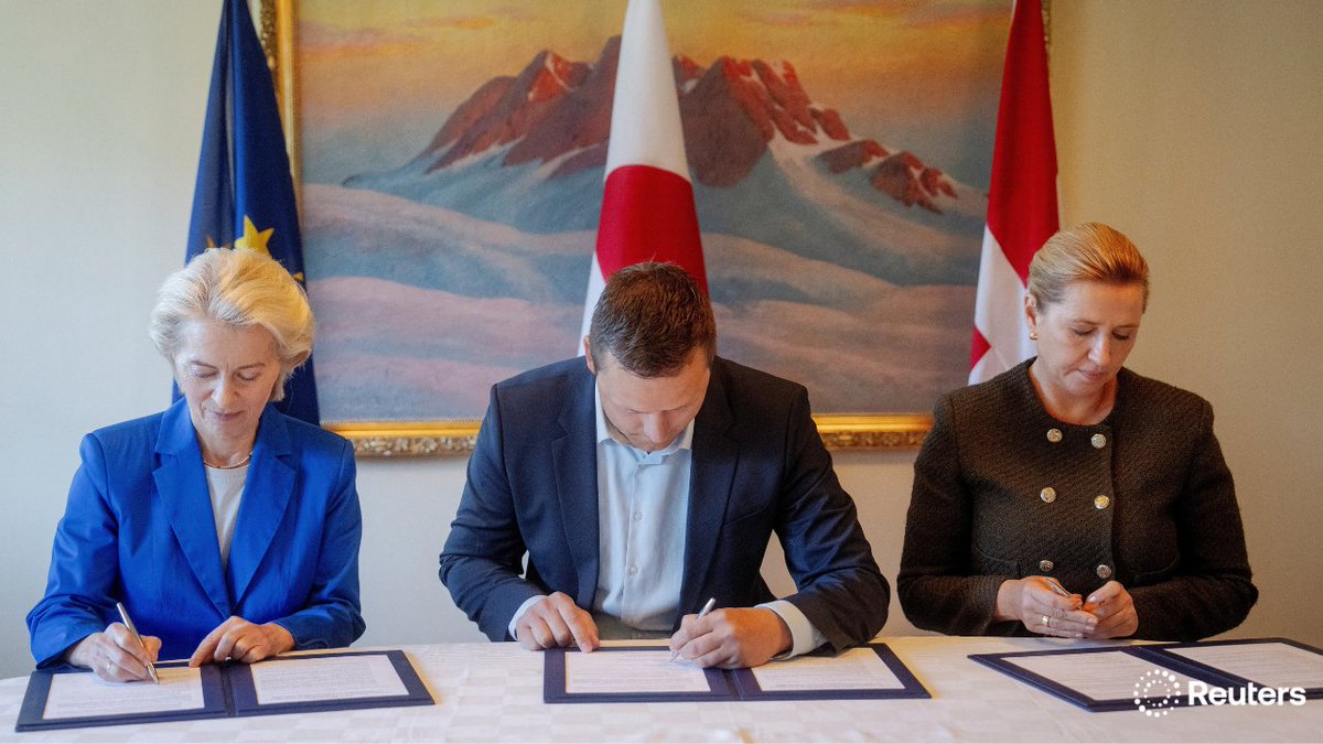 Reuters's tweet photo. 🔊 ‘There was a clear undertone here, even if it wasn't explicit, to Donald Trump to kind of say: Hands off Greenland.’ @andrew_r_gray on Europe’s $230 million investment pledge in Greenland. Listen to the Reuters World News podcast https://t.co/g5zu4DUPmS https://t.co/ijmE24hJDN