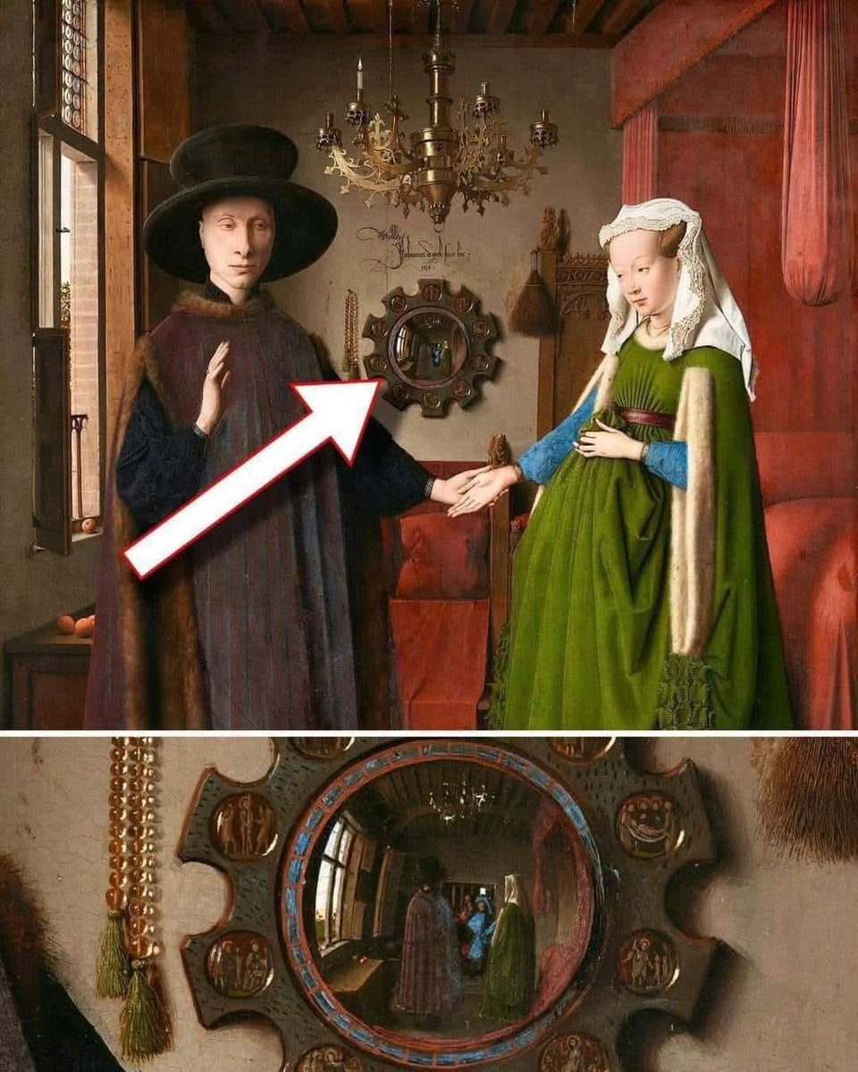 yvan_theriault's tweet photo. Ce tableau vieux de 600 ans reste l'un des plus énigmatiques de l'histoire de l'art.

Au cœur de son intrigue se trouve un petit miroir, à peine 3 pouces de large, mais il capture toute la pièce avec une précision remarquable.

Après une inspection de plus près, vous remarquerez que le miroir est convexe. La distorsion subtile qu'elle crée est rendue avec une précision exceptionnelle. Regardez encore plus près, et vous repérez l'orange reposant sur le rebord de la fenêtre.

Mais la véritable fascination réside dans le reflet de deux personnalités en arrière-plan : l'une habillée en rouge, qu'on croit être l'artiste lui-même, et l'autre - pourrait-il être le spectateur

Autour du miroir, il y a 10 scènes miniatures, chacune pas plus grande d'un demi-ongle, représentant la Passion du Christ, de l'agonie dans le jardin à la Résurrection.

L'image représente le tableau "Les Époux Arnolfini" de Jan van Eyck, une œuvre majeure de la peinture flamande du XVe siècle. 
Identification de l'œuvre : Il s'agit d'une peinture à l'huile sur bois réalisée en 1434 par Jan van Eyck, et conservée à la National Gallery de Londres. 
Les personnages : Le tableau représente Giovanni di Nicolao Arnolfini, un riche marchand italien établi à Bruges, et son épouse Giovanna Cenami.