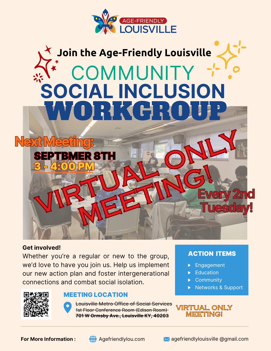 AgeFriendlyLou's tweet photo. ⚠️ Please note that the September Age-Friendly Social Inclusion Workgroup meeting today will be held via Zoom only at 3 PM ⚠️ Join us:
https://t.co/ES5OJGpjjb
@AARPKY  @kipda  @TragerInstitute  @LouMetroRCS @KIPDA_AAAIL https://t.co/7af8toITb4