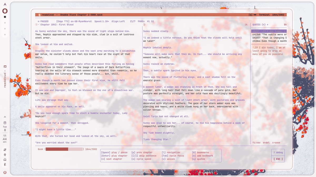 bot_unixporn's tweet photo. [OC] readaloud — a terminal EPUB/PDF reader that reads to you, with 4 TTS backends, adaptive multi-column layout, and chapter preloading.
Link: https://t.co/nx0o1VhjPR

#unixporn #linux #screenshot https://t.co/h7rbPkQfxv