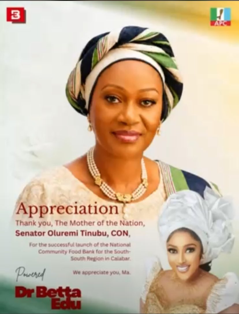 HouseEvergreen's tweet photo. Thank you, the mother of the nation, Senator Oluremi Tinubu, CON, for the successful launch of the National Community Food Bank for the South-South Region in Calabar.

__Dr. Betta Edu https://t.co/Qqdsawk7xu