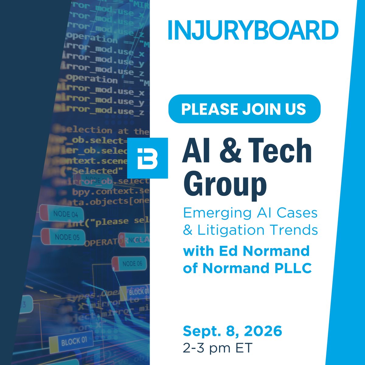 injuryboard's tweet photo. Today’s the day!

Join our AI/Tech Working Group today from 2–3 pm ET for a timely conversation on emerging AI-related cases and litigation trends, led by Ed Normand of Normand PLLC.

Don’t miss the opportunity to hear about developing cases, explore where AI litigation may be headed, and share questions and insights with fellow IB members.

⏰ There’s still time to join! Check your email to RSVP.

#InjuryBoard #IBWorkingGroup #ArtificialIntelligence #AILaw #LegalTechnology