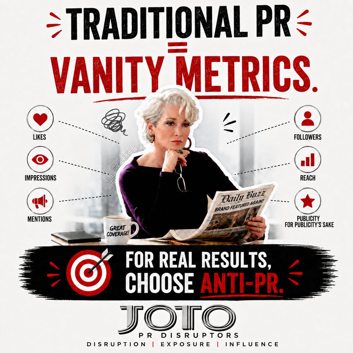 JOTOPR's tweet photo. 🎯 Likes ≠ results.
Impressions ≠ results.
Coverage ≠ results.

Traditional PR can celebrate the numbers.
Anti-PR® focuses on outcomes.

Stop chasing vanity metrics. Start chasing results.
👉 Book a call with JOTO PR. https://t.co/3qMTTJkXCy

#AntiPR #RealResults https://t.co/k2fnVdbsNP