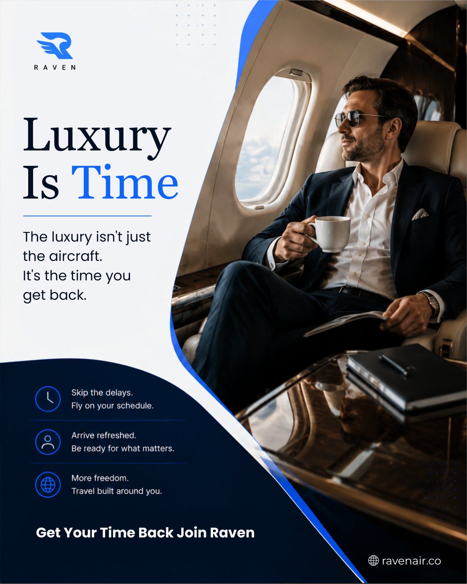 Ravenmobilityco's tweet photo. True luxury is not just the leather seats or sleek aircraft it is the time you get back. ⌛☕🛩️ 

By eliminating airport delays and long security lines, Raven delivers a travel experience where you arrive refreshed, focused, and ready for what matters most. Experience the ultimate freedom of flying on your terms. 💼✨ 

How many hours could you reclaim each month by flying semi-private?👇 Share your estimate in the comments! 

Start reclaiming your most valuable asset today.🚀 Get your time back and join Raven now at https://t.co/wHqFYRoOIt 

(time freedom, semi-private jet, luxury travel experience, executive flying, fly smart) 

#ravenair #semiprivateflying #luxuryaviation #executivetravel #jettravel