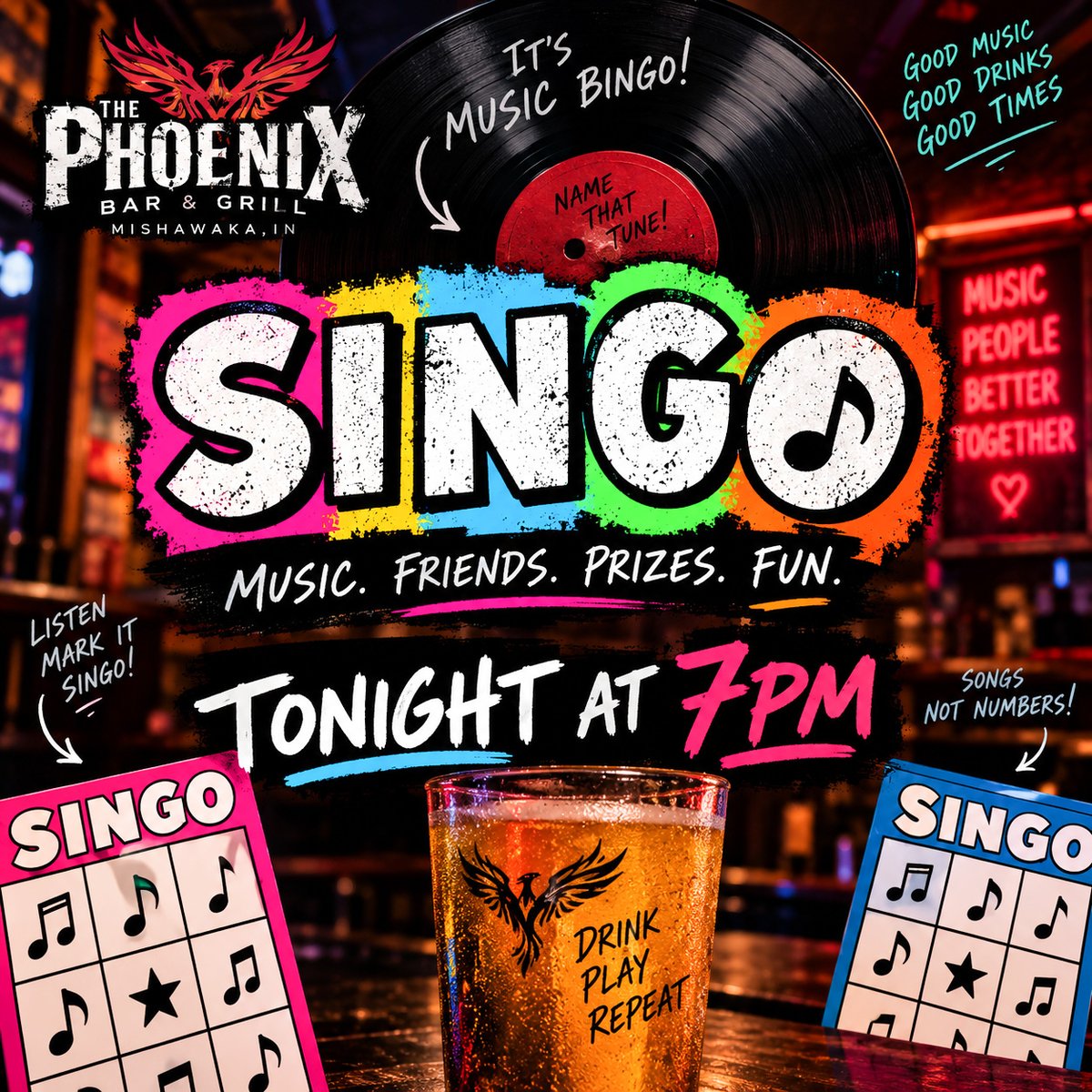grill_phoenix's tweet photo. Bingo had a playlist. We call it Singo. Listen to the songs, recognize the tunes and mark your card. Singo tonight at The Phoenix starting at 7 PM. #Singo #mishawaka https://t.co/iyq1VMTqhN
