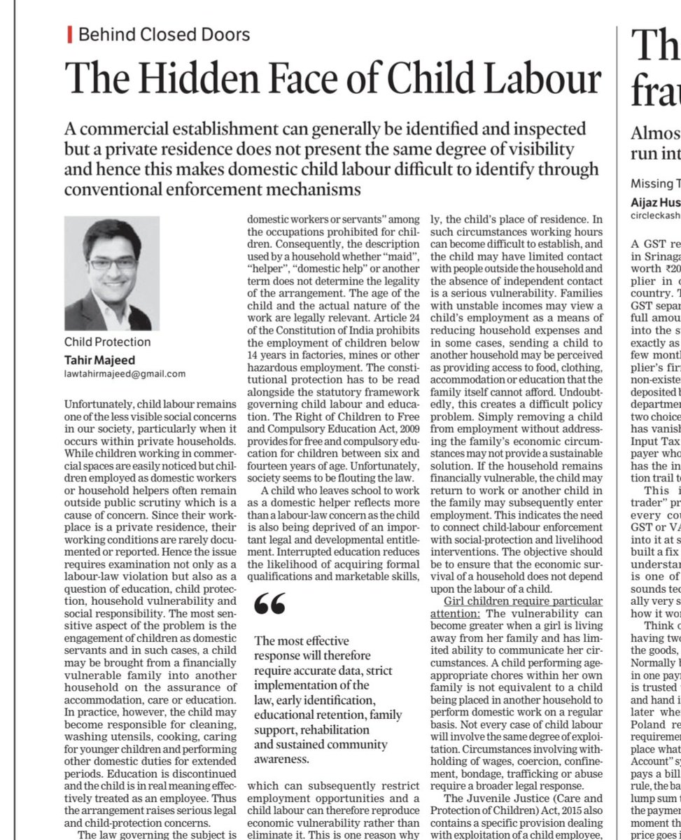 AdvTahirMajeed's tweet photo. This piece sheds light on the lives of child domestic workers, whose struggles and rights deserve our attention. Please follow the link and read my article here.
https://t.co/8Ik9LjdIld The argument that a child is being provided with food and accommodation cannot automatically justify employment nor can the claim that the child is being “treated like family” substitute for legal compliance.