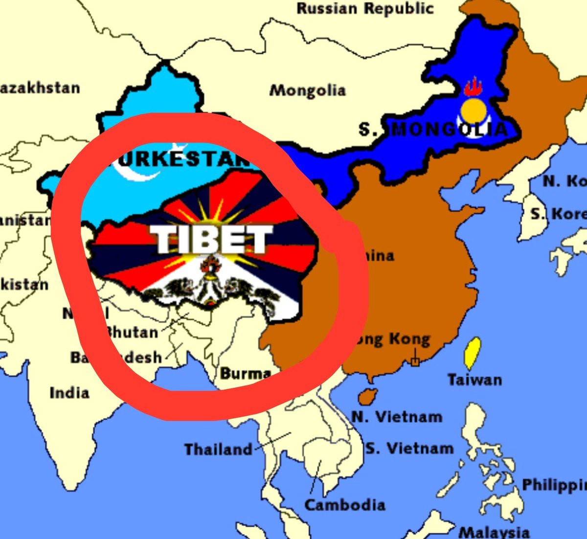 THkUGjDFW485133's tweet photo. チベットという国が中国に侵略され、中国の一部になっている事を一人でも多くの日本国民が知るべきです。

現在のロシアによるウクライナ侵攻と同じ様に、75年前に中国によるチベット侵攻が始まり、独立主権国家であったチベットという国を地図上から消滅させたのが中国共産党。

チベットは文字、言語、文化、宗教、民族、歴史のどれもに独立性がある単一民族国家でした。