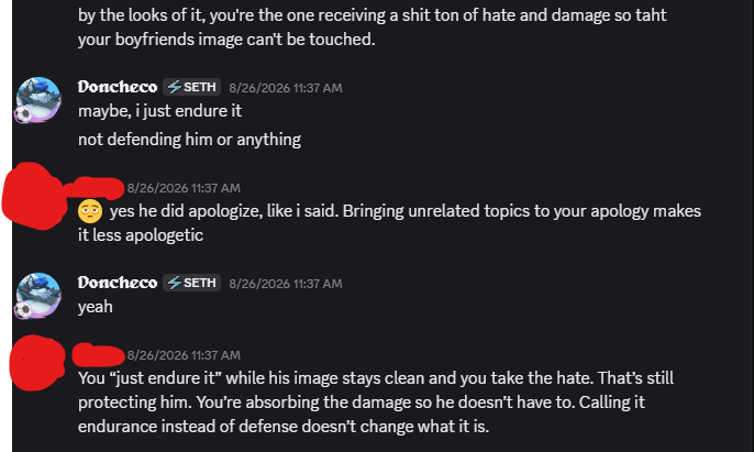 FatalSans_y's tweet photo. I know this is a wild take BUT Doncheco said that he will have to endure it (Him protecting dmike/Dmaikoh from the hate) 

He's taking the hate to protect his groomer. He knows exactly what he’s doing, he knew what dmaike did but still defended him. Sound like he's a pedo himself https://t.co/zOAZg48AkC