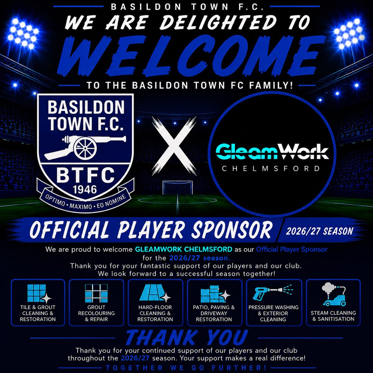 BasTownFC's tweet photo. ⭐ ⭐ PLAYER SPONSOR ⭐ ⭐ 

Sponsoring Isaac Long for the 2026/27 season we welcome Gleamworks Chelmsford

Gleamworks carry out domestic deep cleaning needs including outside patios and driveways to your bathroom tiles and carpets. 

Trusted and verified by us 💪🏻⚽️💙 

#football https://t.co/o6WBhPlYET
