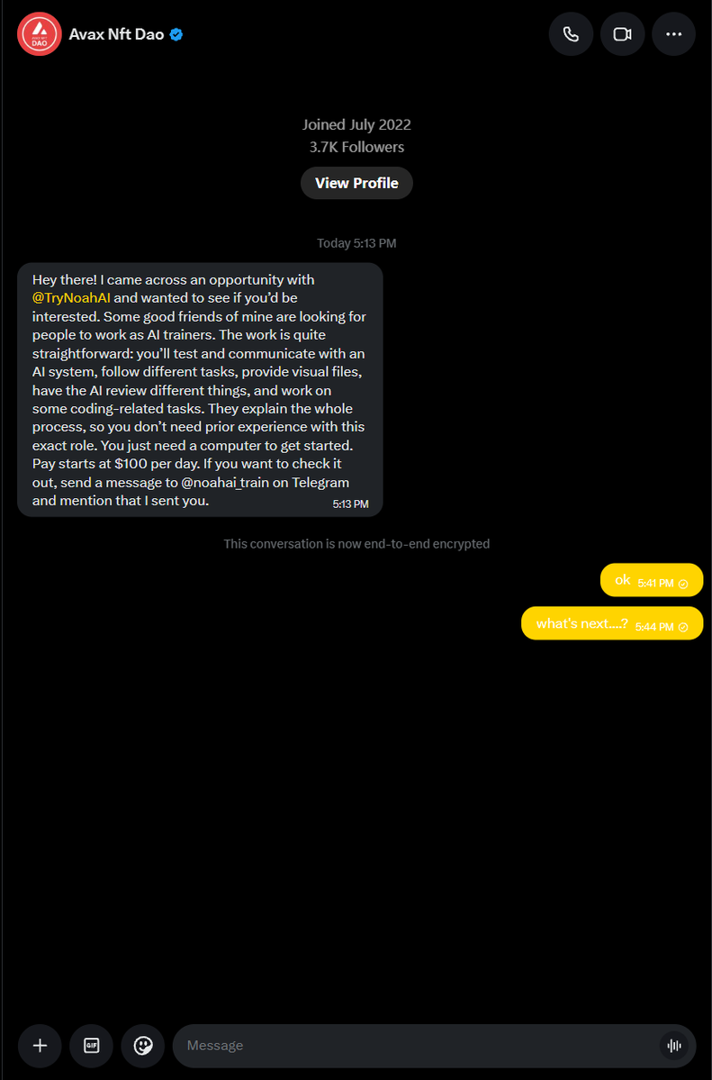 Dingog4455's tweet photo. @TryNoahAI @solana These are scammers; please do not click on any of their links.
These people have hacked my friend's account @dao_avax and are using it to send DMs to people. https://t.co/ybBkE9nGDU