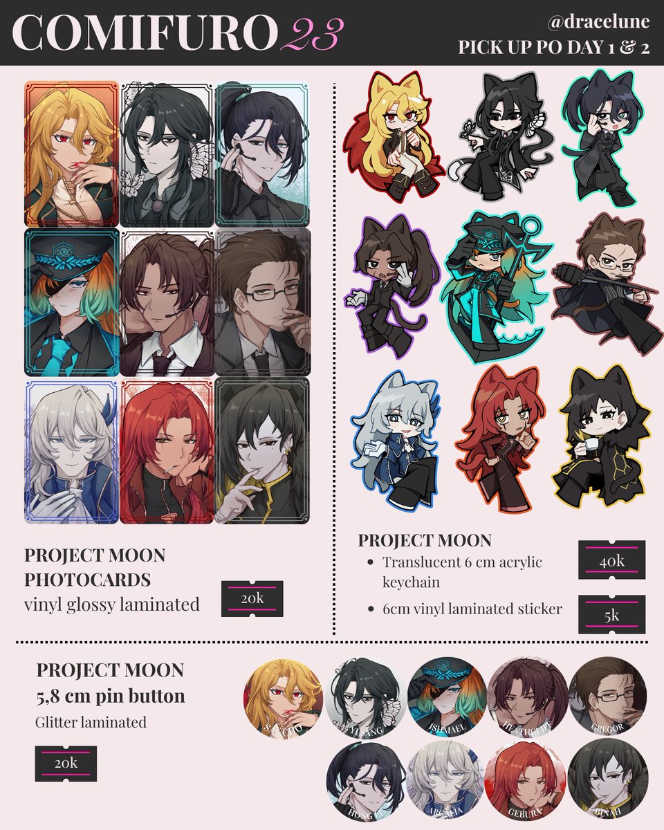 dracelune's tweet photo. Hi, My #CF23 PO catalog is here! ✨

📌Fandom: HSR, Hololive ID DEV_IS ReGLOSS, Project Moon (Limbus Company, Lobotomy Corporation, Library of Ruina).
📌Booth number TBA ‘Dripsain Komunicrazy Rizzual’.
📆 DAY 1 &amp; 2 Pick up order only.
⏱️Open until 16 Sept.

 PO link in thread. https://t.co/nEHI91rJJc
