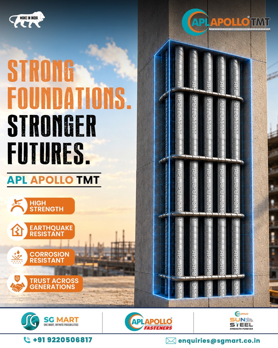 sgmart_official's tweet photo. Strong foundations. Stronger futures. 🏗️

Build with APL APOLLO TMT — High Strength, Earthquake Resistant, Corrosion Resistant &amp; Trusted Across Generations.

📞 +91 9220506817
🌐 https://t.co/JKSUm76BEG
#APLAPOLLO #TMTBars #Construction #Infrastructure
#AskMalavika #25thAmendment https://t.co/T34b221jNC