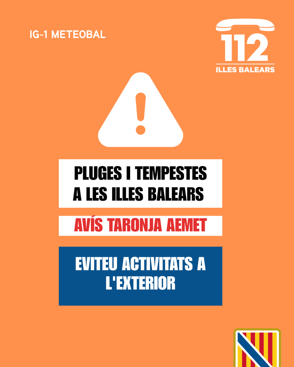 Emergencies_112's tweet photo. ⚠️ Actualització de les alertes per meteorologia adversa ⛈️☔️🌊🌬️

🟠 Activada l’alerta taronja (IG-1 del Pla Meteobal) per tempestes ⛈️ i pluges ☔️ a totes les Illes Balears.  

🟡 Activada l’alerta groga (IG-0 del Pla Meteobal) per fenòmens costaners 🌊 a totes les Illes Balears. 

🟡 Activada l’alerta groga (IG-0 del Pla Meteobal) per forts vents 🌬️ a Mallorca i Menorca.  

🟡 Activada l’alerta groga (IG-0 del Pla Meteobal) per rissaga a Menorca.  

⚠️ Extremau les precaucions durant les properes hores i seguiu les recomanacions d’autoprotecció.  

💭 Podeu seguir els avisos per hores al canal oficial d’@AEMET_Baleares:
▶️https://t.co/T7OwH3ZCs7