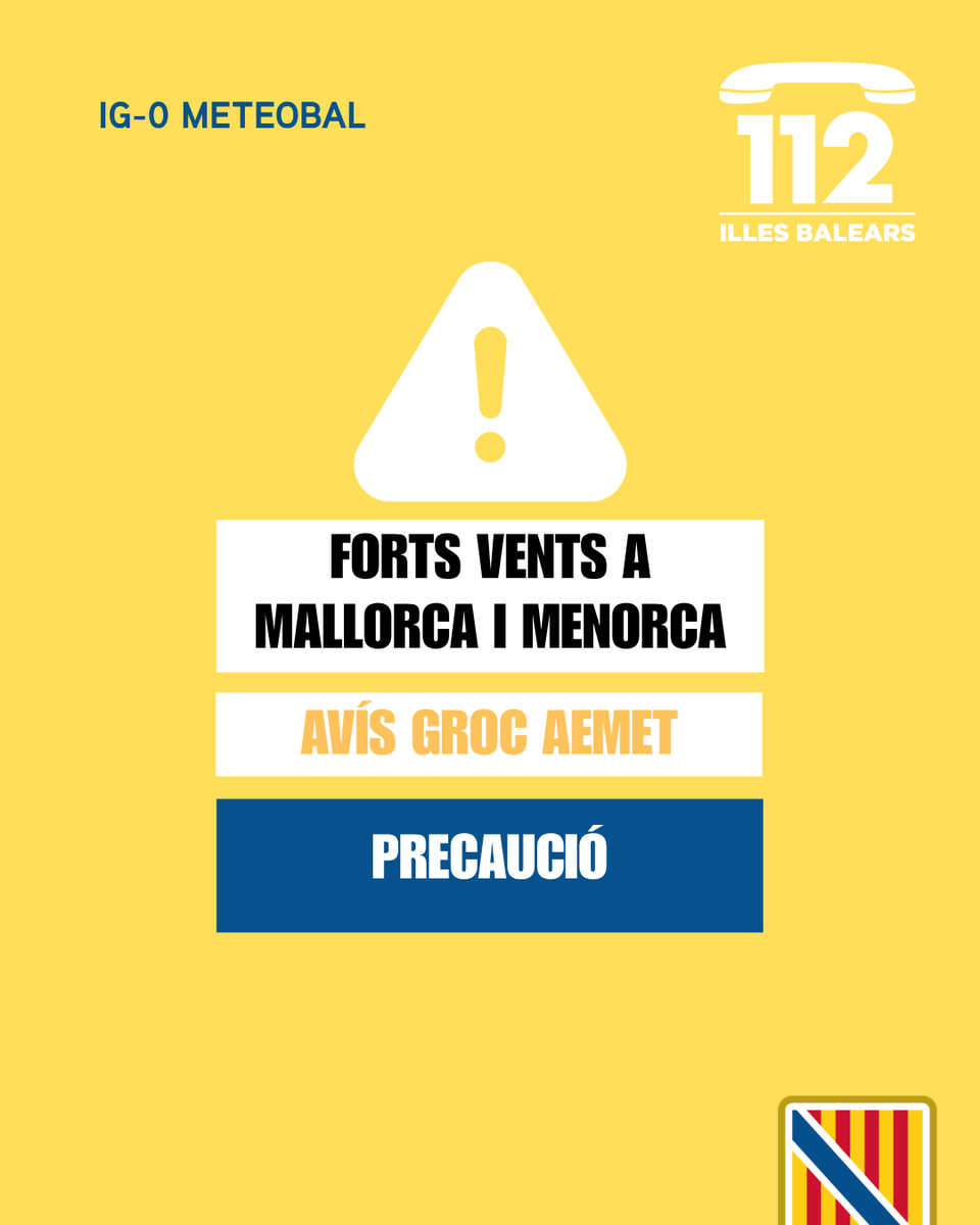 Emergencies_112's tweet photo. ⚠️ Actualització de les alertes per meteorologia adversa ⛈️☔️🌊🌬️

🟠 Activada l’alerta taronja (IG-1 del Pla Meteobal) per tempestes ⛈️ i pluges ☔️ a totes les Illes Balears.  

🟡 Activada l’alerta groga (IG-0 del Pla Meteobal) per fenòmens costaners 🌊 a totes les Illes Balears. 

🟡 Activada l’alerta groga (IG-0 del Pla Meteobal) per forts vents 🌬️ a Mallorca i Menorca.  

🟡 Activada l’alerta groga (IG-0 del Pla Meteobal) per rissaga a Menorca.  

⚠️ Extremau les precaucions durant les properes hores i seguiu les recomanacions d’autoprotecció.  

💭 Podeu seguir els avisos per hores al canal oficial d’@AEMET_Baleares:
▶️https://t.co/T7OwH3ZCs7