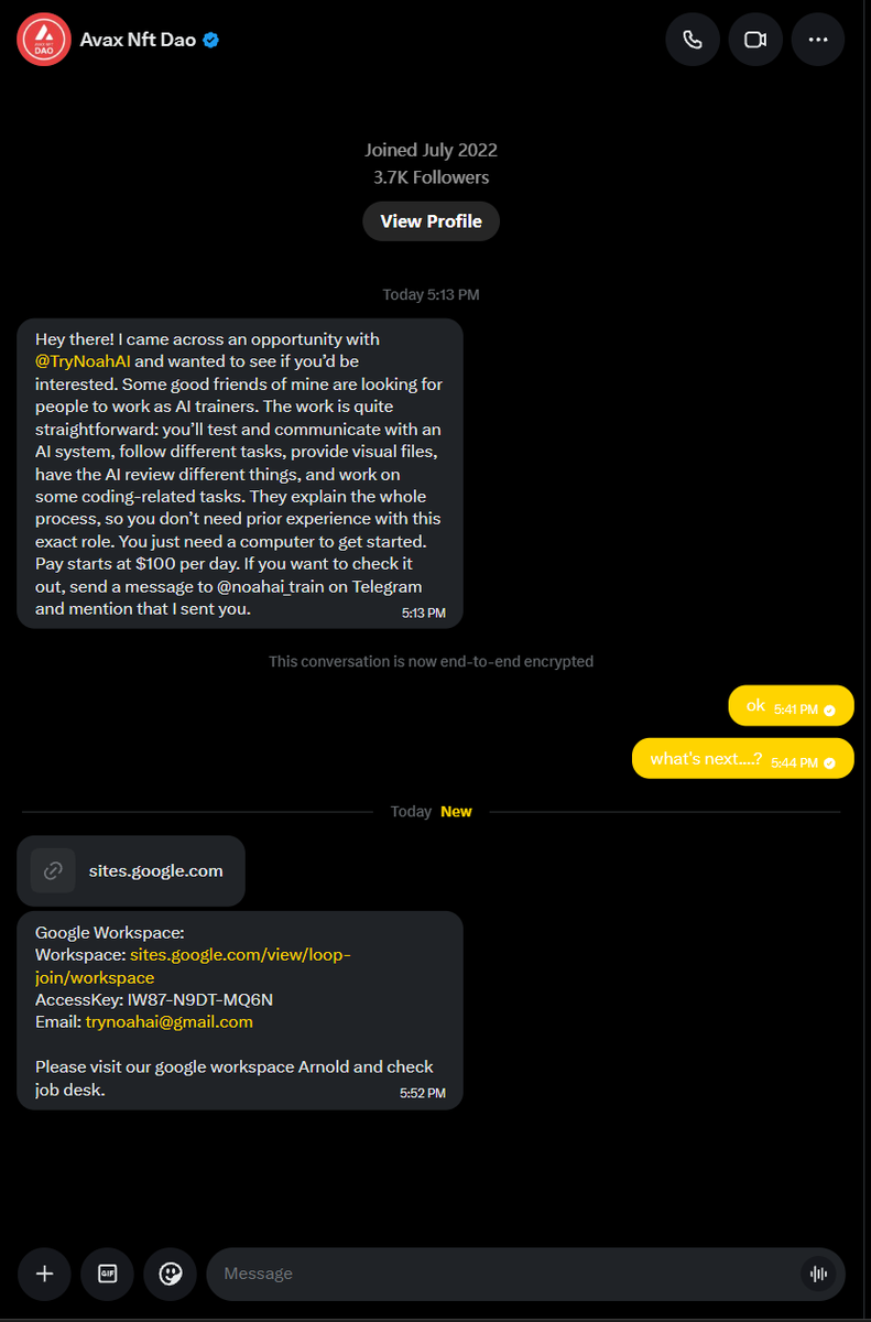 zosa4455's tweet photo. @TryNoahAI @solana These are scammers; please do not click on any of their links. These people have hacked my friend's account
@dao_avax
and are using it to send DMs to people. https://t.co/HatXyxltti