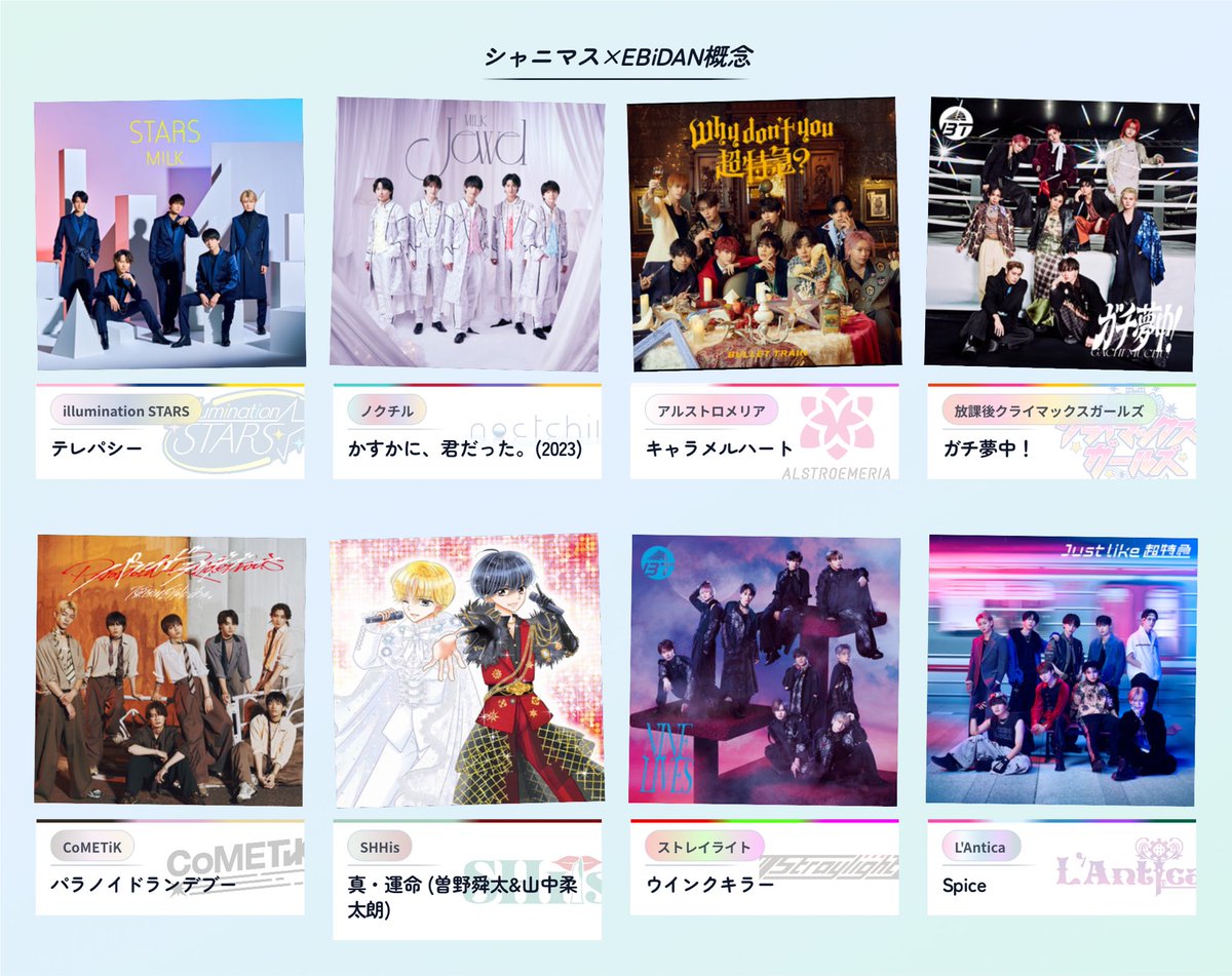p0sq_0's tweet photo. 雅彦が独断と偏見で選んだシャニマス×EBiDAN概念選抜曲 今回は超特急とM!LKのみ https://t.co/4s6KjxN7oC