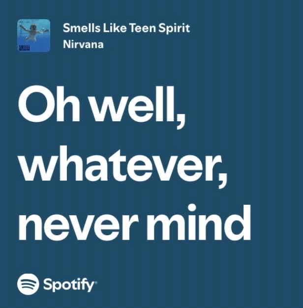 2yulzmands's tweet photo. — pesquise "music lyrics" no pinterest e coloque as 4 primeiras que aparecer!

- divine #eu 
- smells like teen spirit 
- silver springs
- last goodbye https://t.co/pPxipfnu27